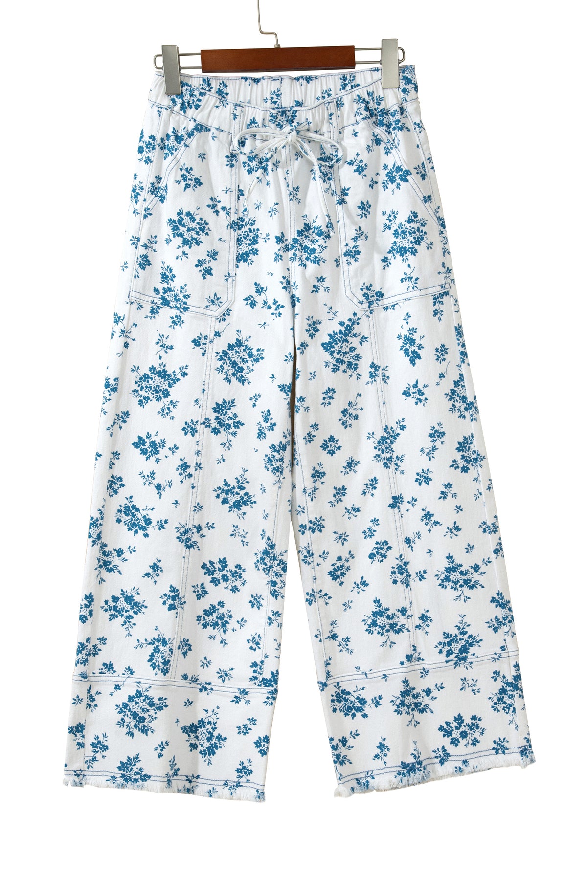 Sky Blue Floral Print Tie Waist Straight Leg Jeans-Bottoms/Jeans-[Adult]-[Female]-2022 Online Blue Zone Planet