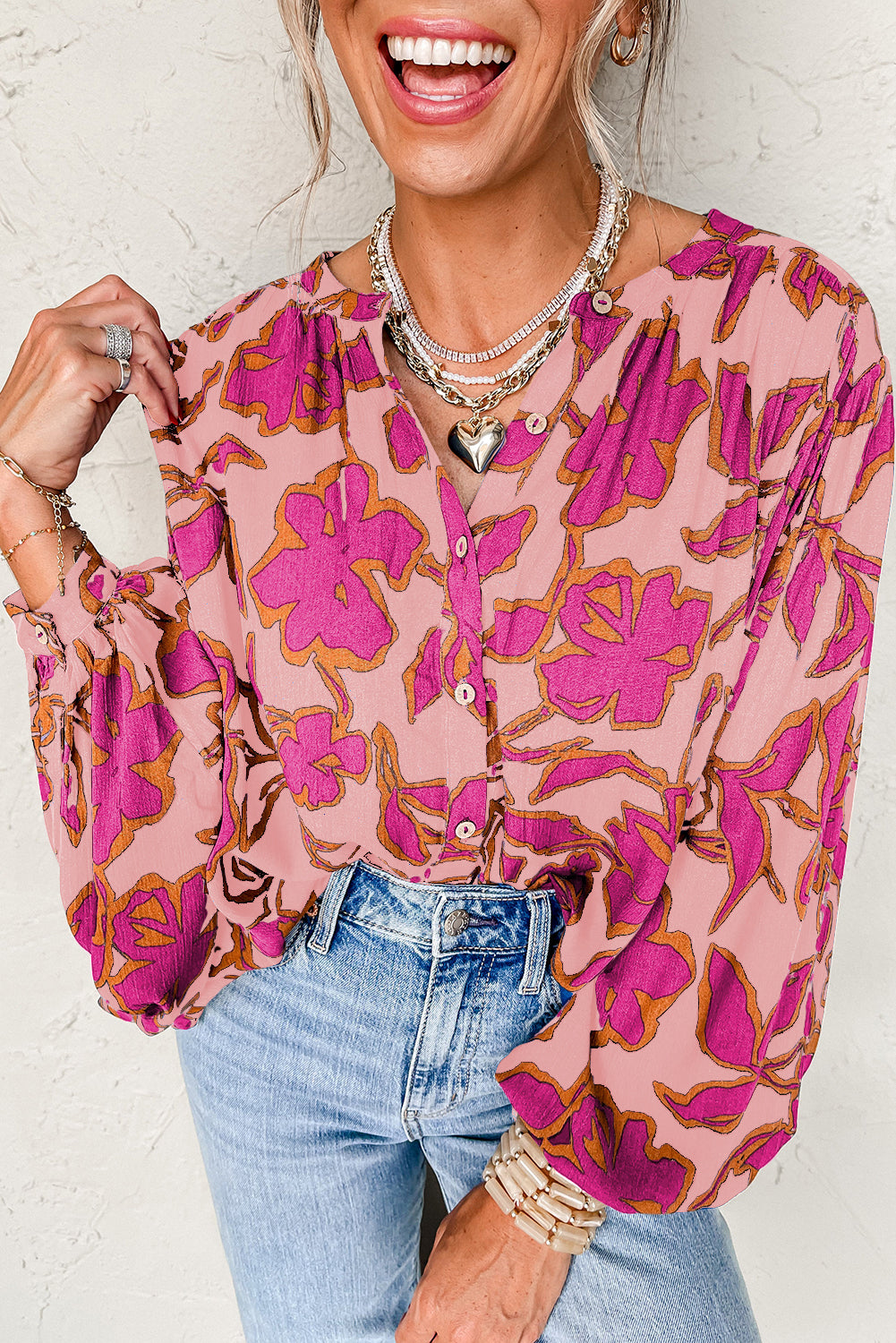 Pink Floral Print Batwing Sleeve Buttoned Loose Fit Shirt-Tops/Blouses & Shirts-[Adult]-[Female]-Pink-S-2022 Online Blue Zone Planet