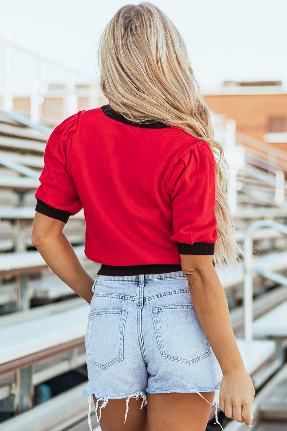 Pink Sequin Rugby Color Block Puff Short Sleeve Sweater-Sweaters & Cardigans/Short Sleeve Sweaters-[Adult]-[Female]-2022 Online Blue Zone Planet