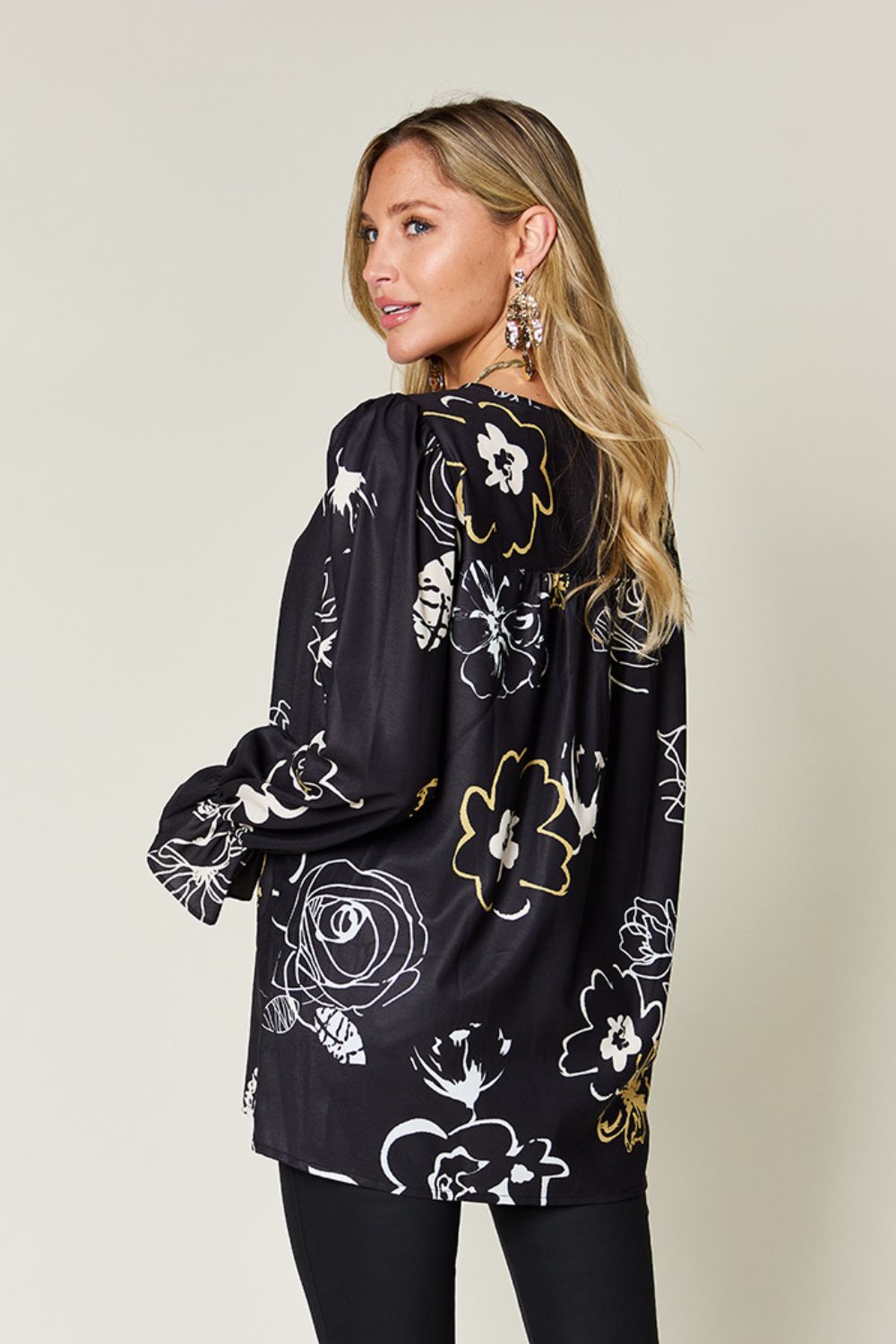 Blue Zone Planet | Double Take Full Size Printed Flounce Sleeve Blouse-TOPS / DRESSES-[Adult]-[Female]-2022 Online Blue Zone Planet