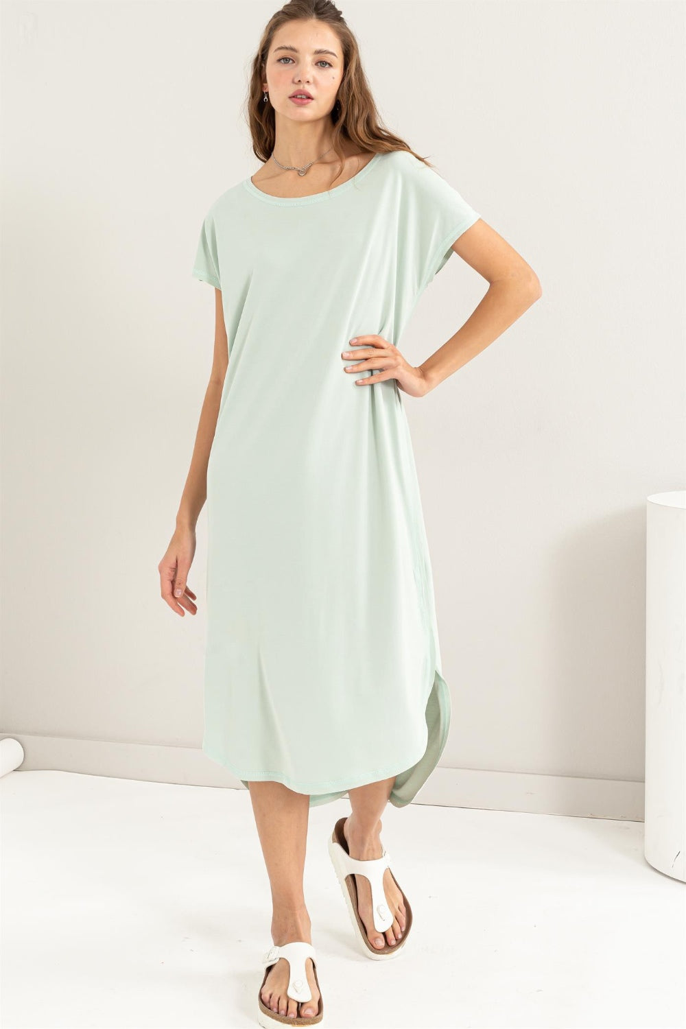 HYFVE Short Sleeve High-Low Slit Midi Dress-TOPS / DRESSES-[Adult]-[Female]-2022 Online Blue Zone Planet