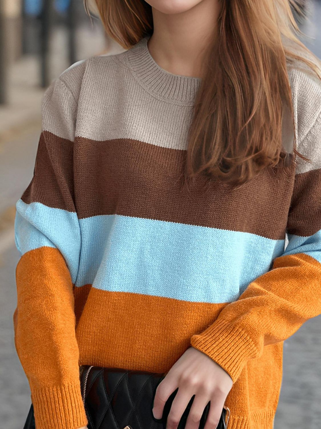 Blue Zone Planet | Color Block Round Neck Long Sleeve Sweater-TOPS / DRESSES-[Adult]-[Female]-2022 Online Blue Zone Planet