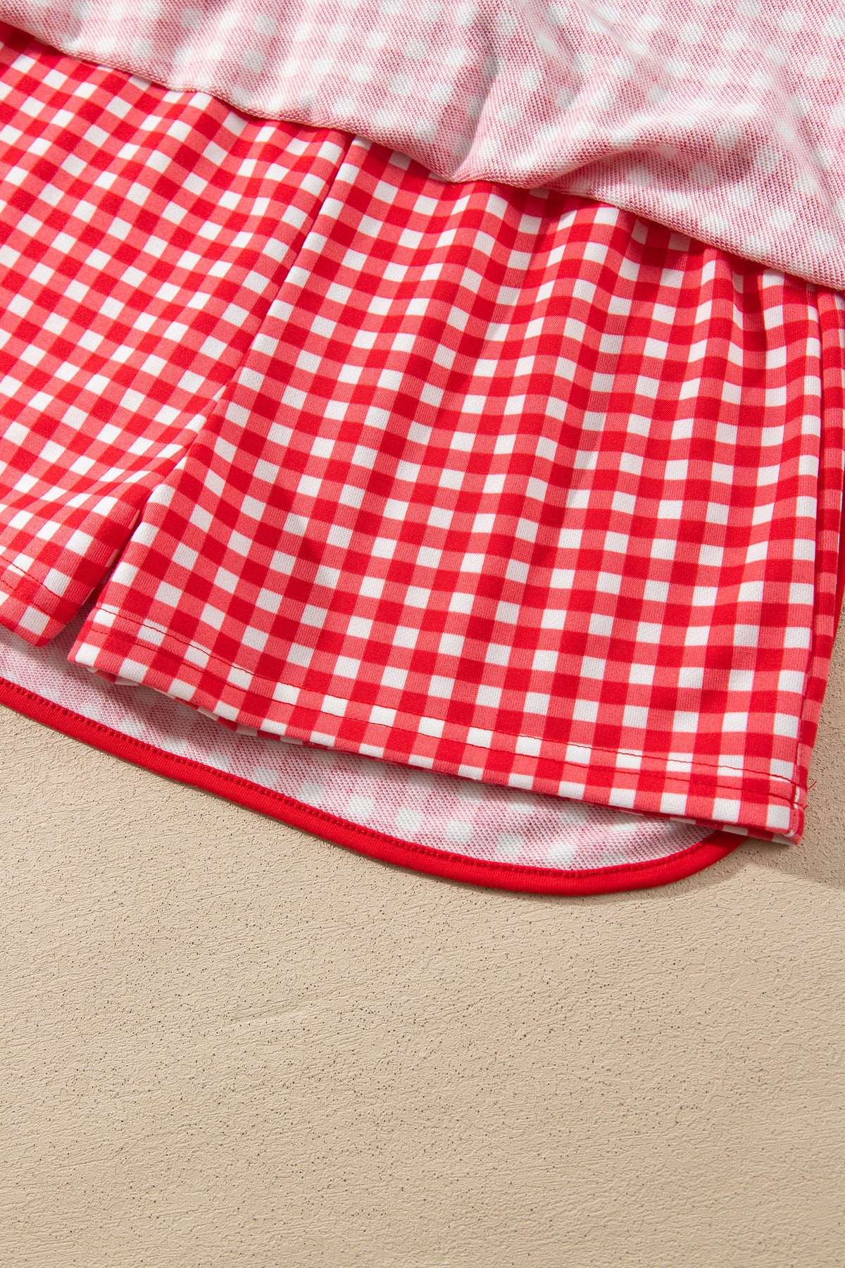 Red Gingham Oversized Ribbed Trim Crew Neck Long Sleeve Top and Skort Set-Two Piece Sets/Two Piece Dresses-[Adult]-[Female]-2022 Online Blue Zone Planet