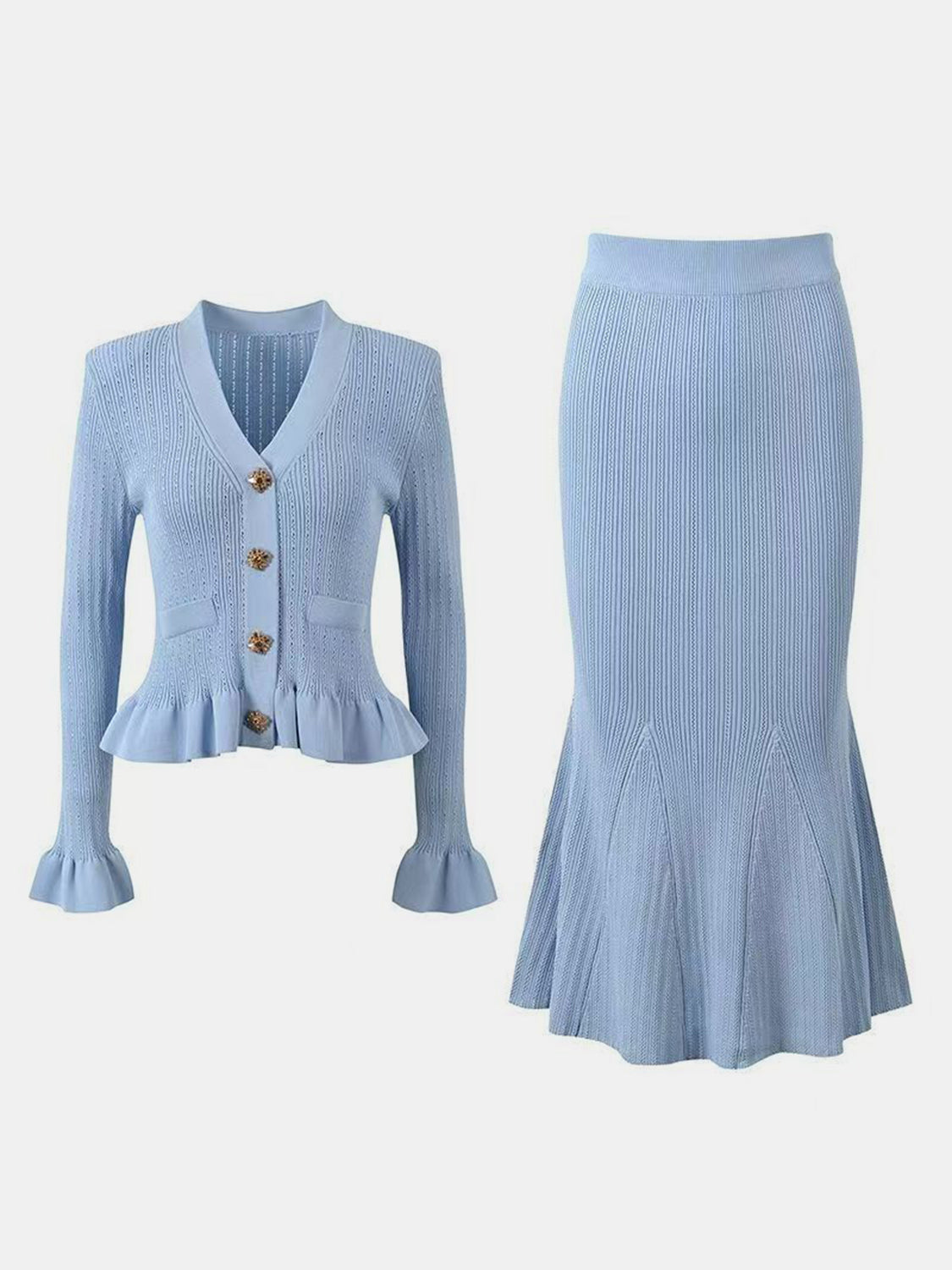 Blue Zone Planet | Ruffled V-Neck Top and Midi Skirt Sweater Set-TOPS / DRESSES-[Adult]-[Female]-2022 Online Blue Zone Planet