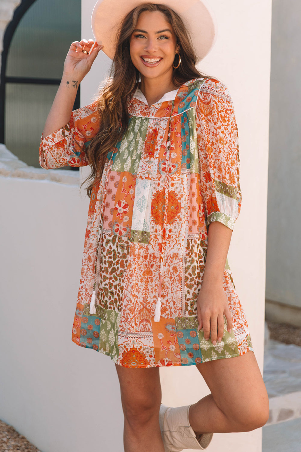 Blue Zone Planet | Orange Boho Paisley Mixed Print 3/4 Sleeve Chiffon Loose Dress-TOPS / DRESSES-[Adult]-[Female]-2022 Online Blue Zone Planet