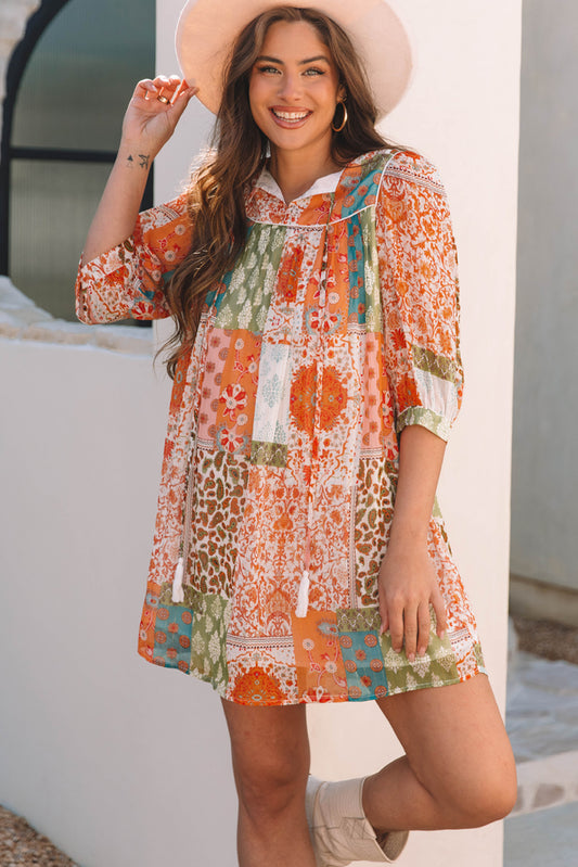 Blue Zone Planet | Orange Boho Paisley Mixed Print 3/4 Sleeve Chiffon Loose Dress-TOPS / DRESSES-[Adult]-[Female]-2022 Online Blue Zone Planet