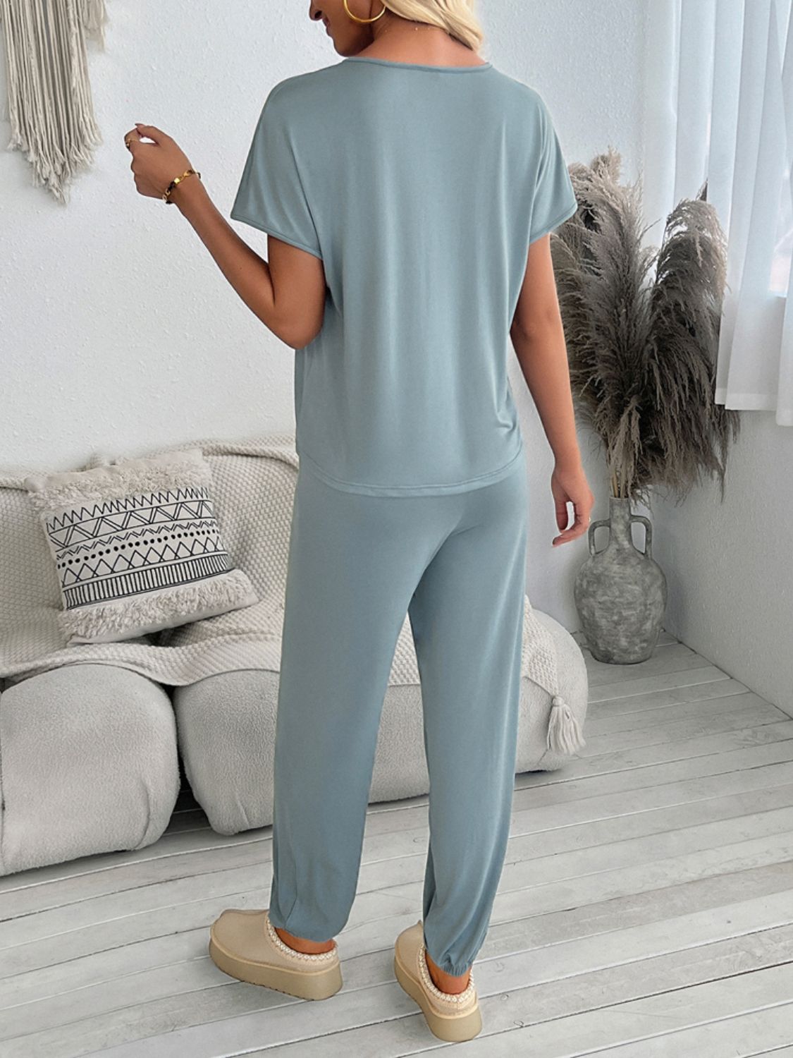 Devine V-Neck Short Sleeve Top and Pants Set-TOPS / DRESSES-[Adult]-[Female]-2022 Online Blue Zone Planet