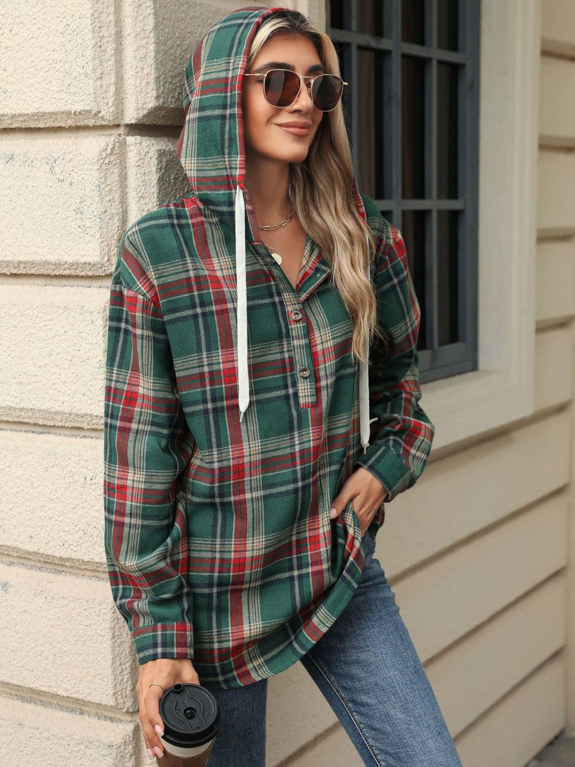 Blue Zone Planet | Drawstring Plaid Hooded Long Sleeve Top-TOPS / DRESSES-[Adult]-[Female]-2022 Online Blue Zone Planet