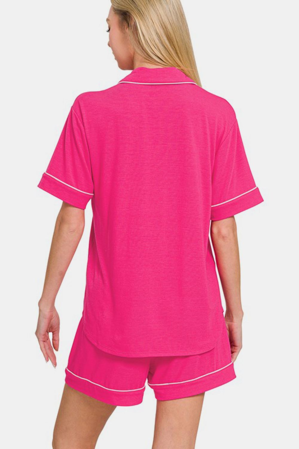 Zenana Button Down Short Sleeve Top and Shorts Lounge Set-TOPS / DRESSES-[Adult]-[Female]-2022 Online Blue Zone Planet