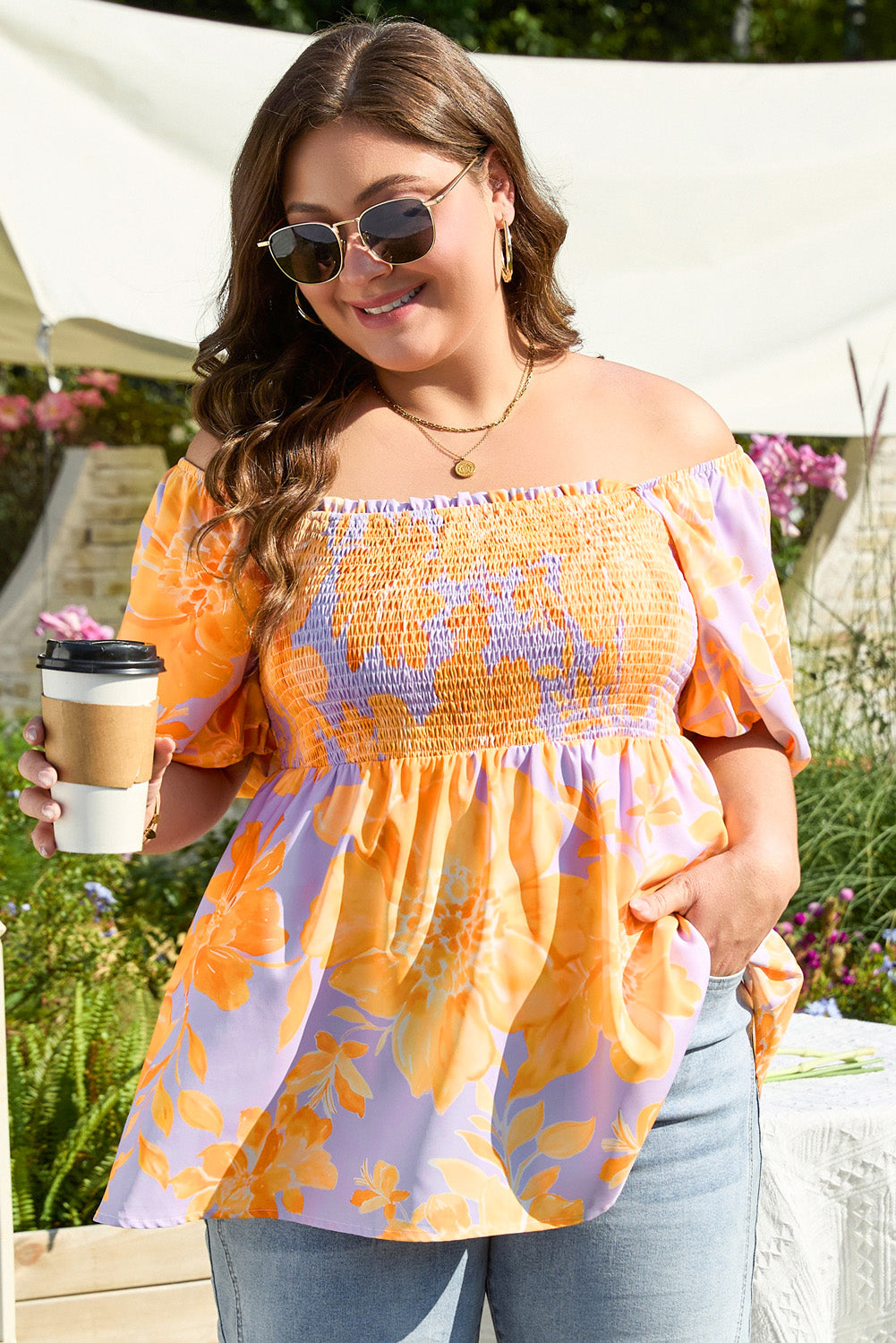 Purple Floral Puff Sleeve Square Neck Smocked Plus Size Babydoll Blouse-Plus Size/Plus Size Tops/Plus Size Blouses & Shirts-[Adult]-[Female]-2022 Online Blue Zone Planet