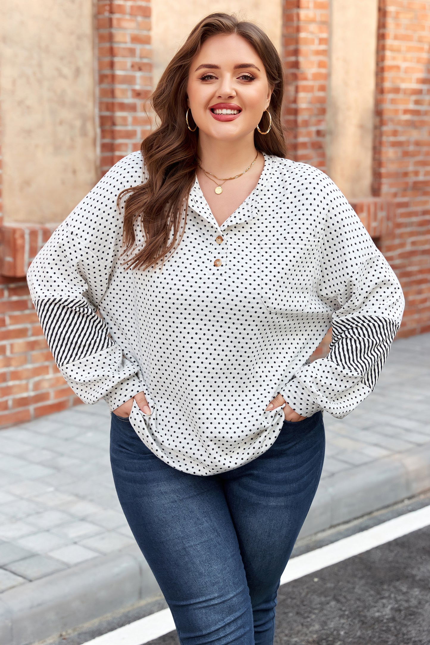 Beige Plus Size Dot Print Striped Patchwork Long Sleeve Henley Top-Plus Size/Plus Size Tops/Plus Size Blouses & Shirts-[Adult]-[Female]-2022 Online Blue Zone Planet