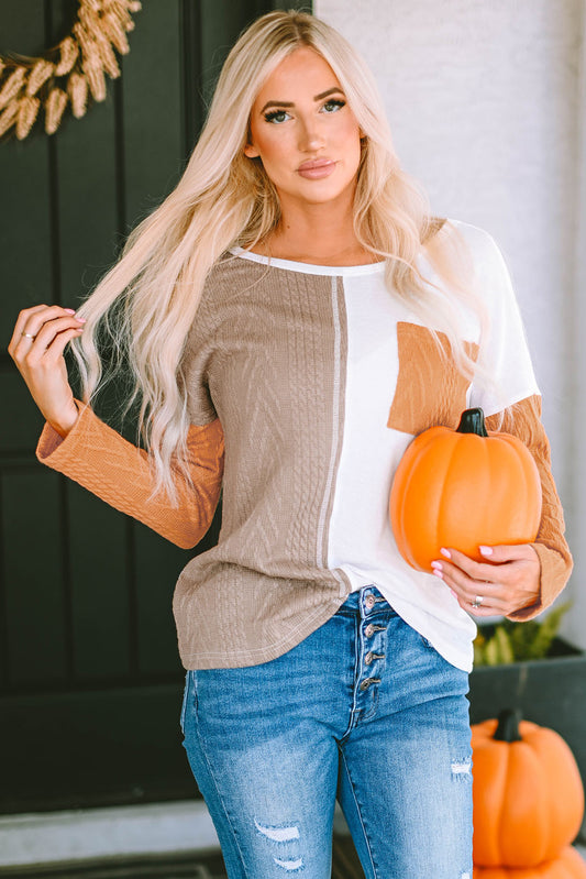 Orange Long Sleeve Colorblock Chest Pocket Textured Knit Top-Sale (50% OFF)/30% OFF-[Adult]-[Female]-Orange-S-2022 Online Blue Zone Planet