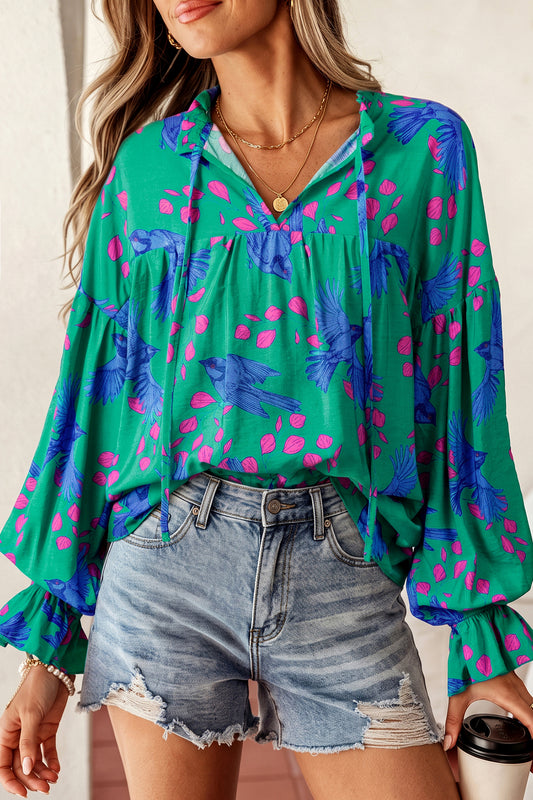 Green Abstract Print V Neck Flounced Puff Sleeve Blouse-Tops/Blouses & Shirts-[Adult]-[Female]-Green-S-2022 Online Blue Zone Planet