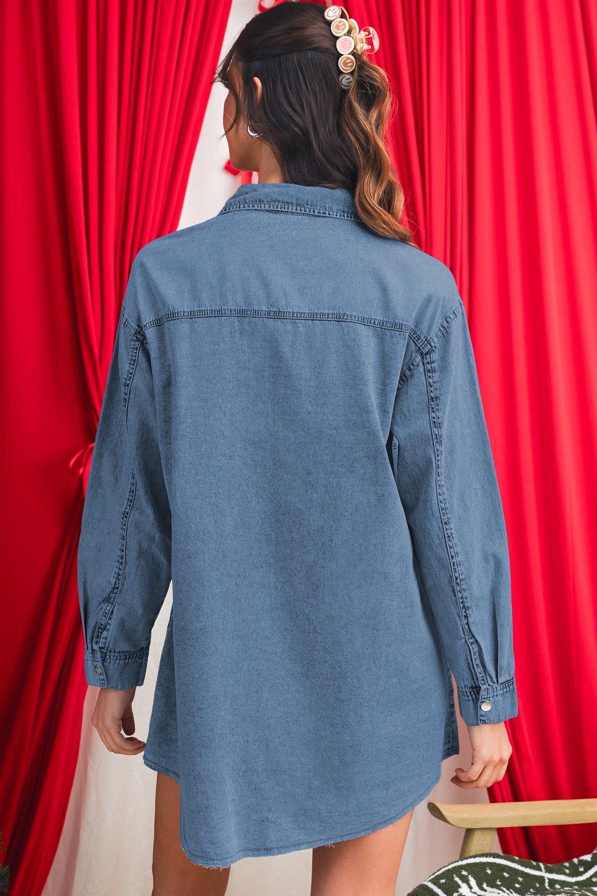 Blue Chest Pocket Raw Hem Denim Loose Shirt Dress