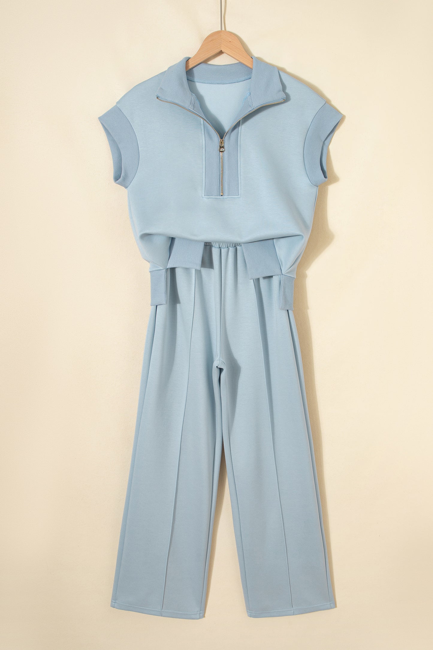 Beau Blue Half Zip Polo Tee Casual Pant Set-Two Piece Sets/Pant Sets-[Adult]-[Female]-2022 Online Blue Zone Planet
