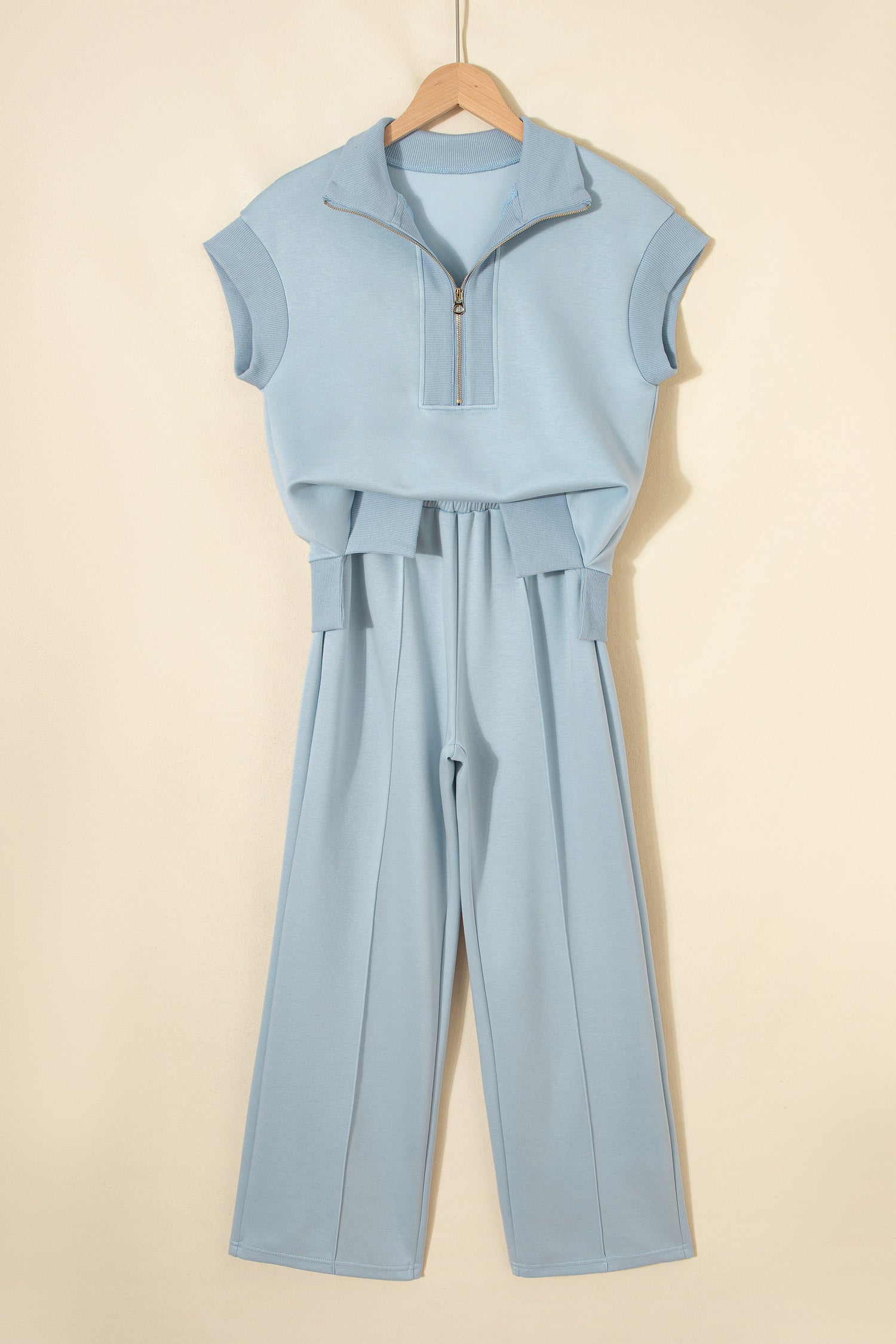 Beau Blue Half Zip Polo Tee Casual Pant Set-Two Piece Sets/Pant Sets-[Adult]-[Female]-2022 Online Blue Zone Planet