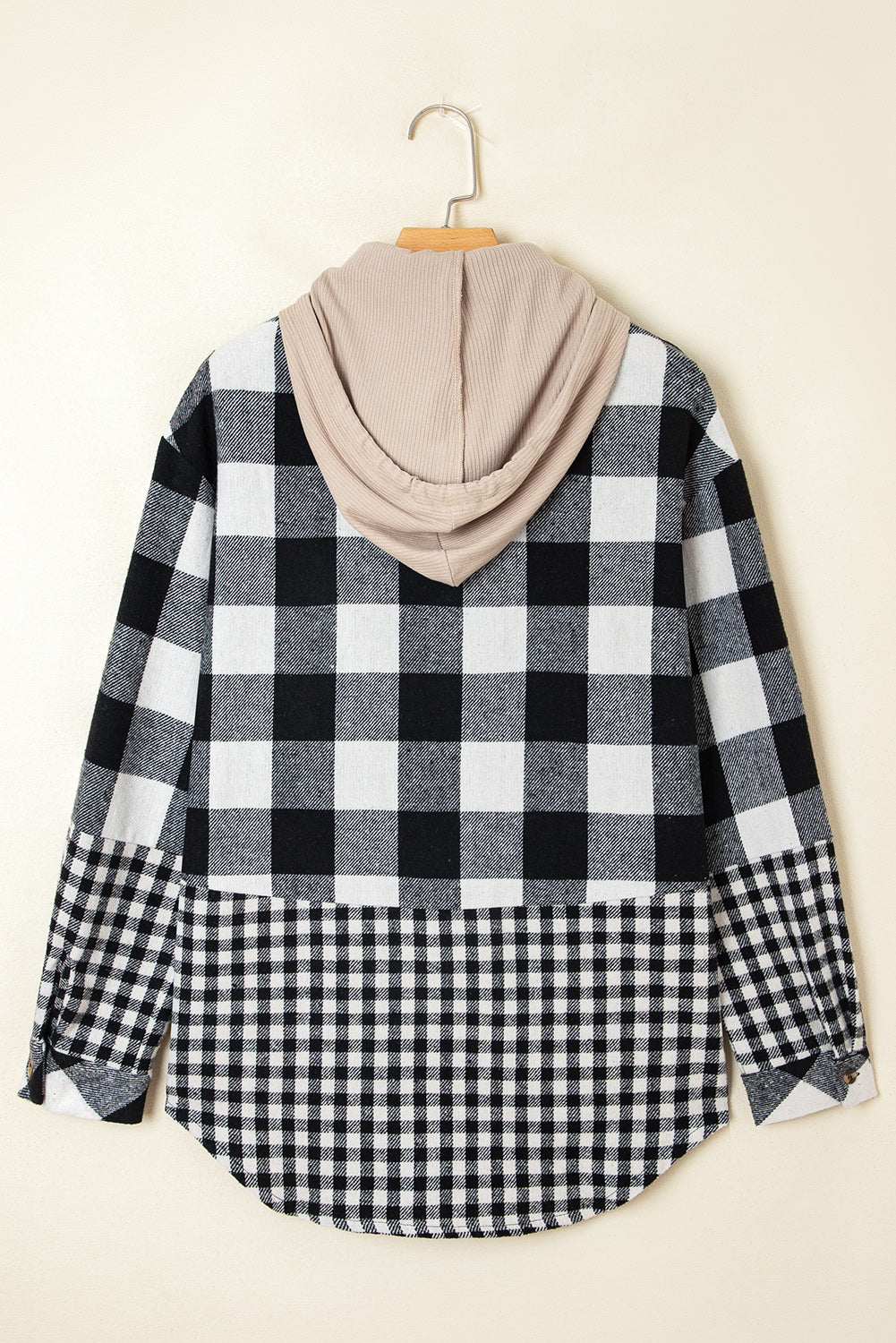 Black Double Plaid Patchwork Drawstring Hooded Shacket-Tops / Dresses-[Adult]-[Female]-2022 Online Blue Zone Planet