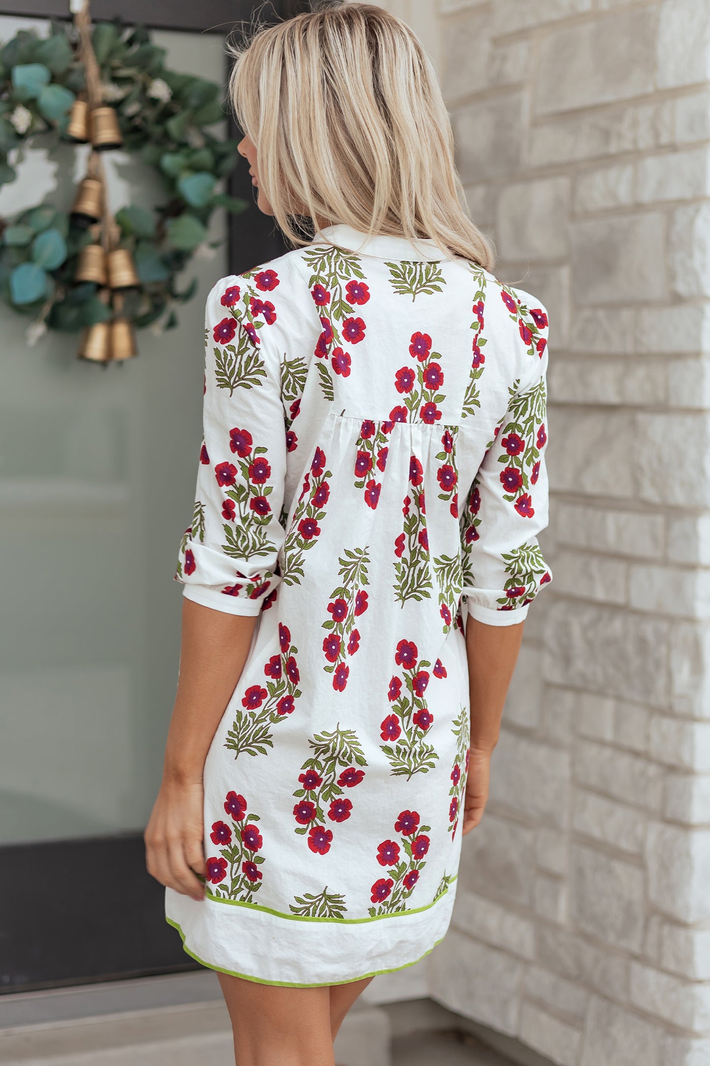 White Frilled V Neck 3/4 Sleeve Loose Floral Dress-TOPS / DRESSES-[Adult]-[Female]-2022 Online Blue Zone Planet