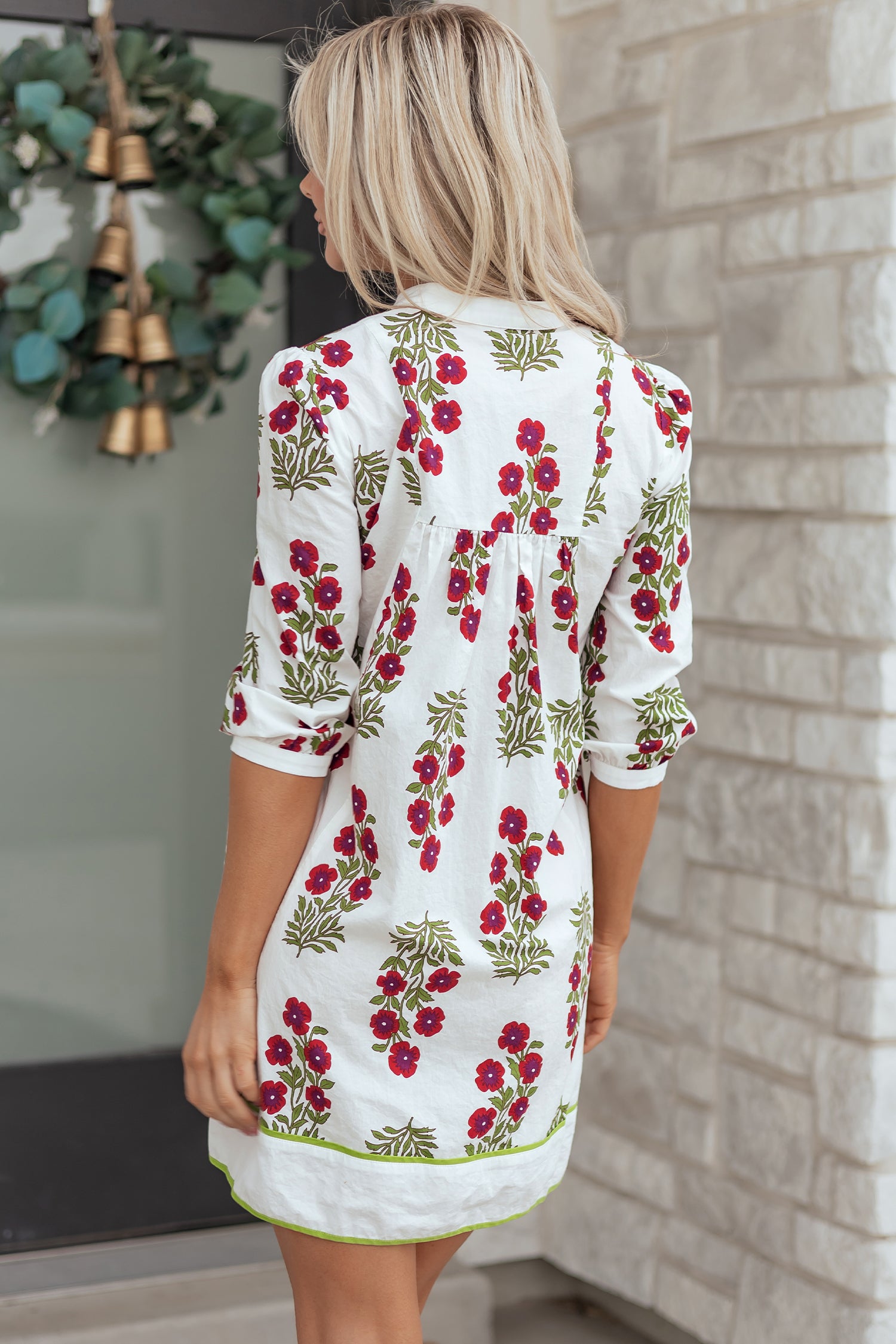 White Frilled V Neck 3/4 Sleeve Loose Floral Dress-TOPS / DRESSES-[Adult]-[Female]-2022 Online Blue Zone Planet