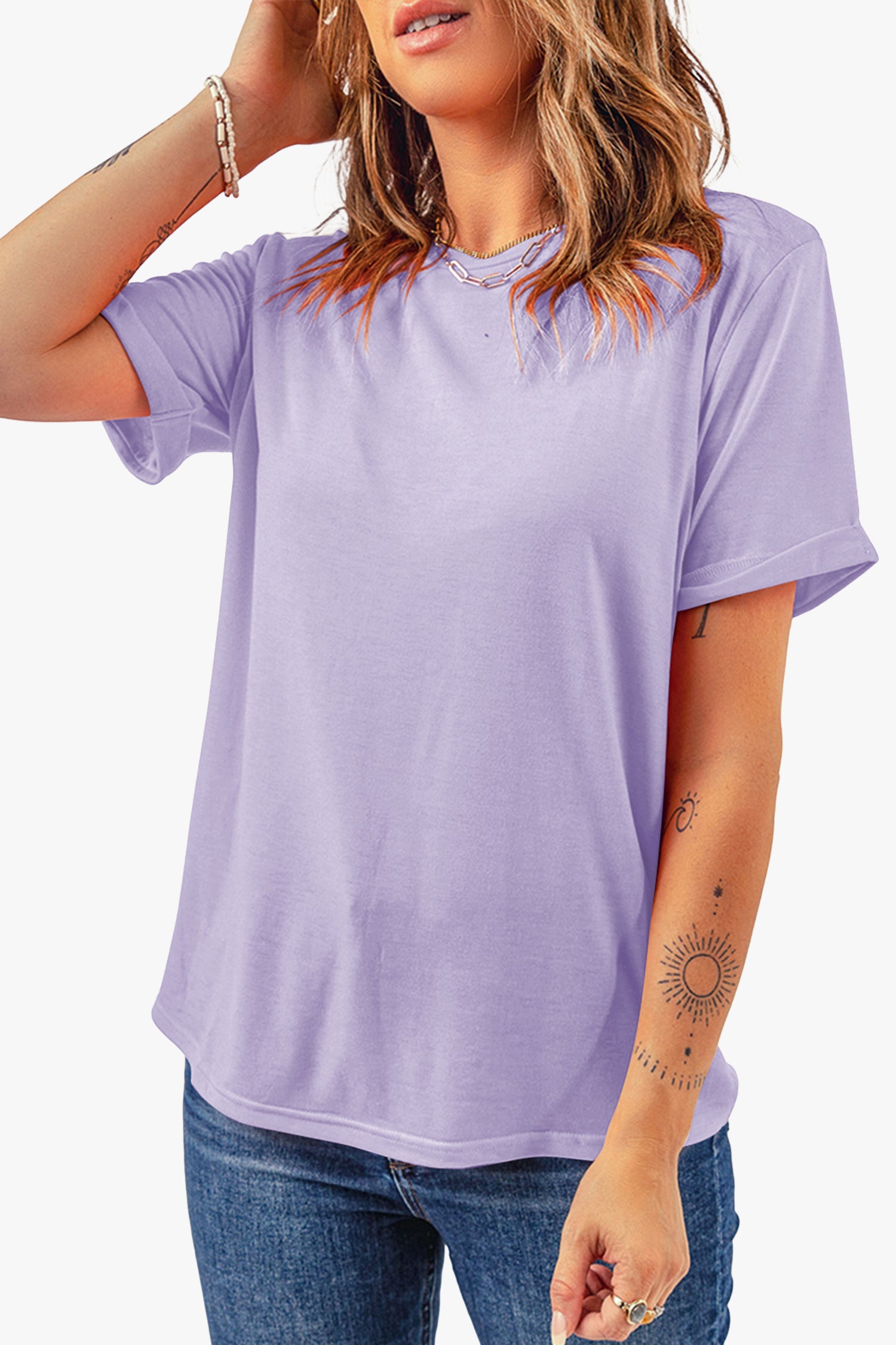 Orchid Petal Casual Plain Crew Neck Tee-Tops/Tops & Tees-[Adult]-[Female]-2022 Online Blue Zone Planet