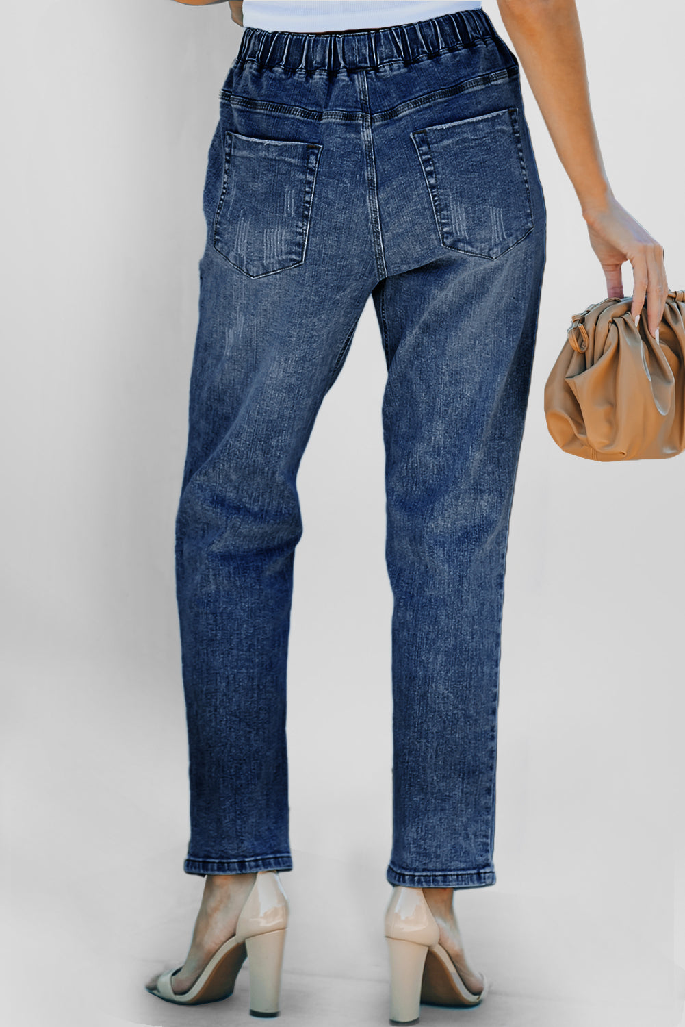Dark Blue Gather Round Distressed Pocketed Denim Jogger-Bottoms/Jeans-[Adult]-[Female]-2022 Online Blue Zone Planet