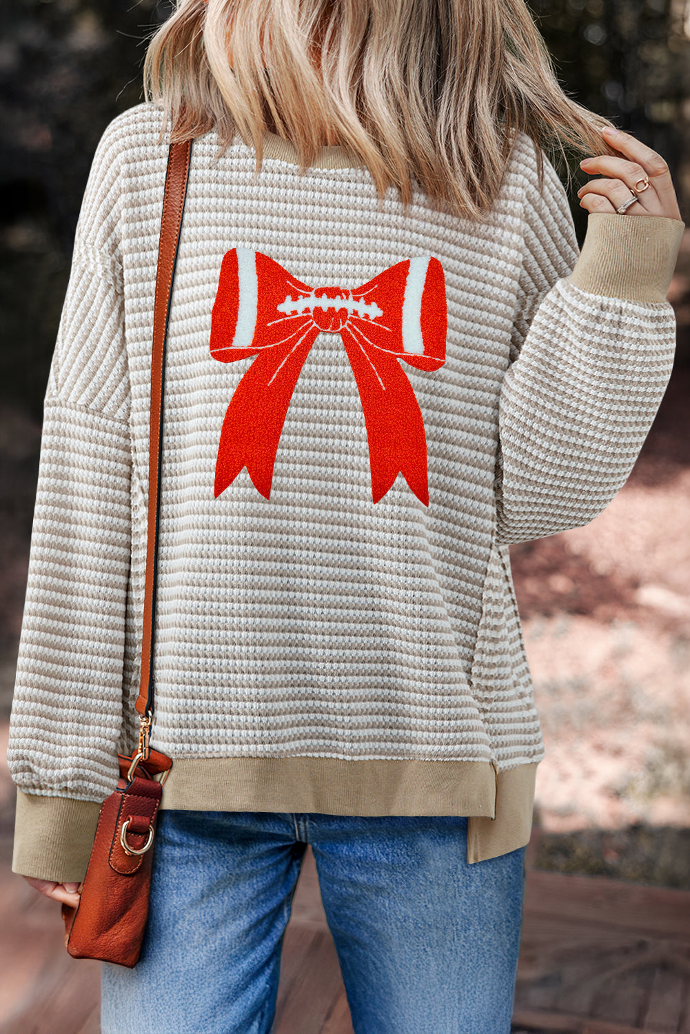 Brown Stripe Chenille Bow Patched Drop Shoulder Long Sleeve Top