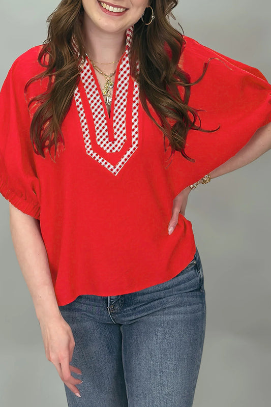 Red V Neck Plaid Collar Short Sleeve Tunic Blouse-Tops/Blouses & Shirts-[Adult]-[Female]-2022 Online Blue Zone Planet