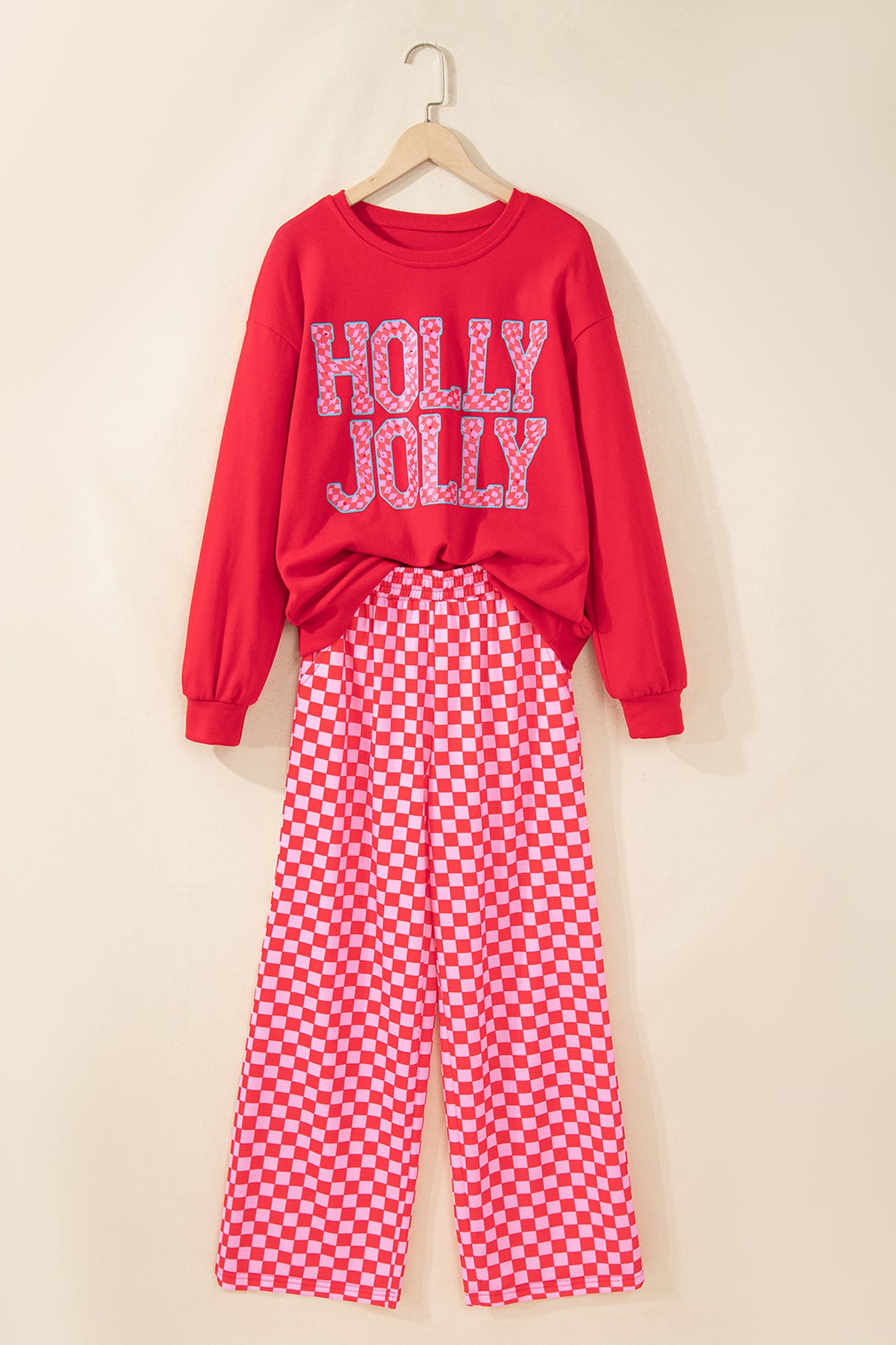 Red Christmas Slogan Graphic Plaid Contrast Two-piece Pant Set-Two Piece Sets/Pant Sets-[Adult]-[Female]-2022 Online Blue Zone Planet