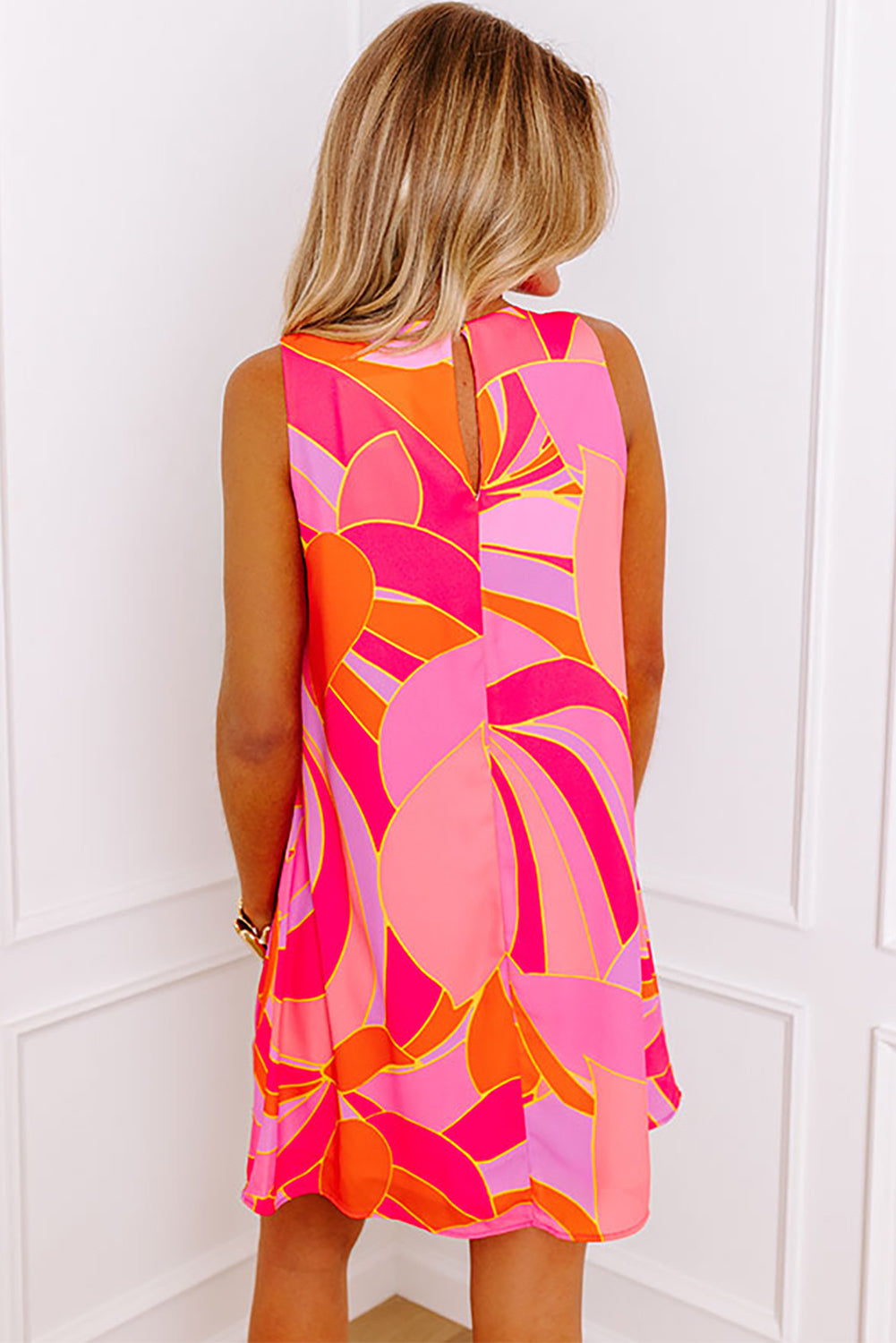Rose Abstract Floral Print Sleeveless Shift Mini Dress-Dresses/Mini Dresses-[Adult]-[Female]-2022 Online Blue Zone Planet