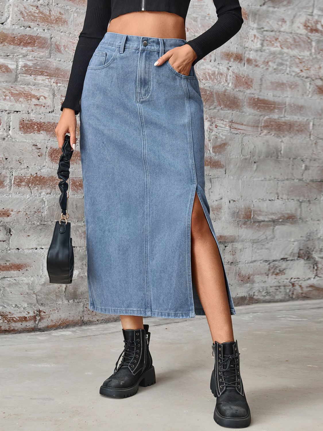 Slit High Waist Denim Skirt with Pockets-[Adult]-[Female]-Dusty Blue-S-2022 Online Blue Zone Planet