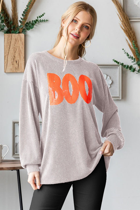 Heimish BOO Round Neck Long Sleeve Ribbed T-Shirt-TOPS / DRESSES-[Adult]-[Female]-Oatmeal-S-2022 Online Blue Zone Planet