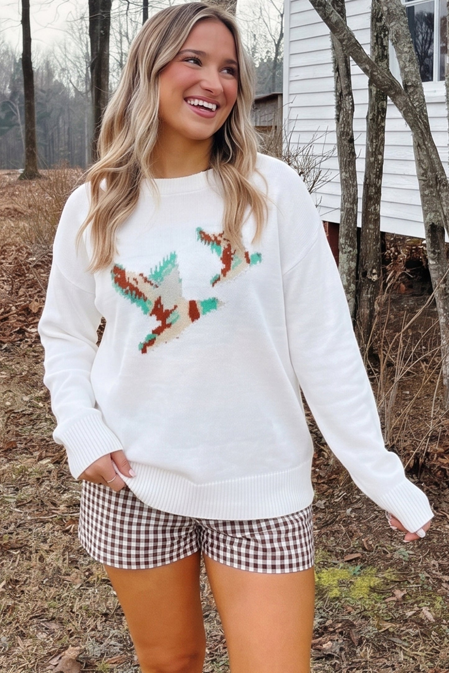 White Retro Flying Mallard Pattern Drop Shoulder Pullover Sweater-Sweaters & Cardigans/Sweaters-[Adult]-[Female]-2022 Online Blue Zone Planet
