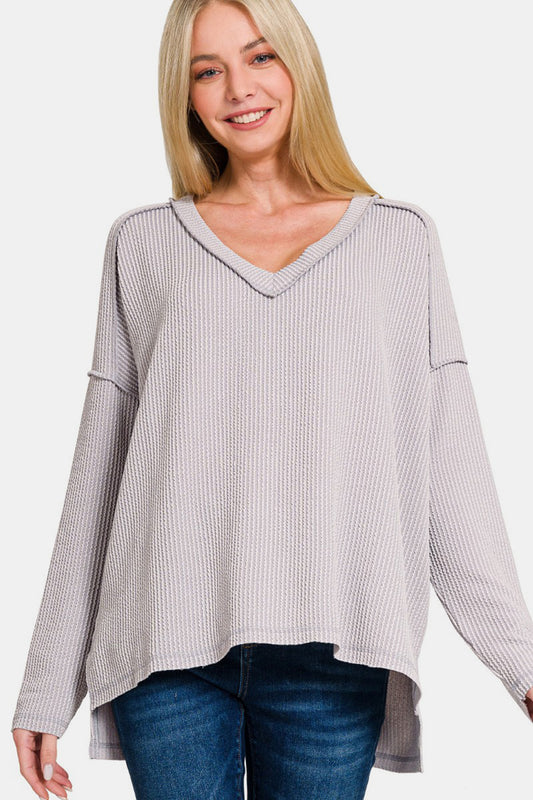 Zenana Texture Exposed Seam V-Neck Long Sleeve T-Shirt-TOPS / DRESSES-[Adult]-[Female]-Light Gray-S/M-2022 Online Blue Zone Planet