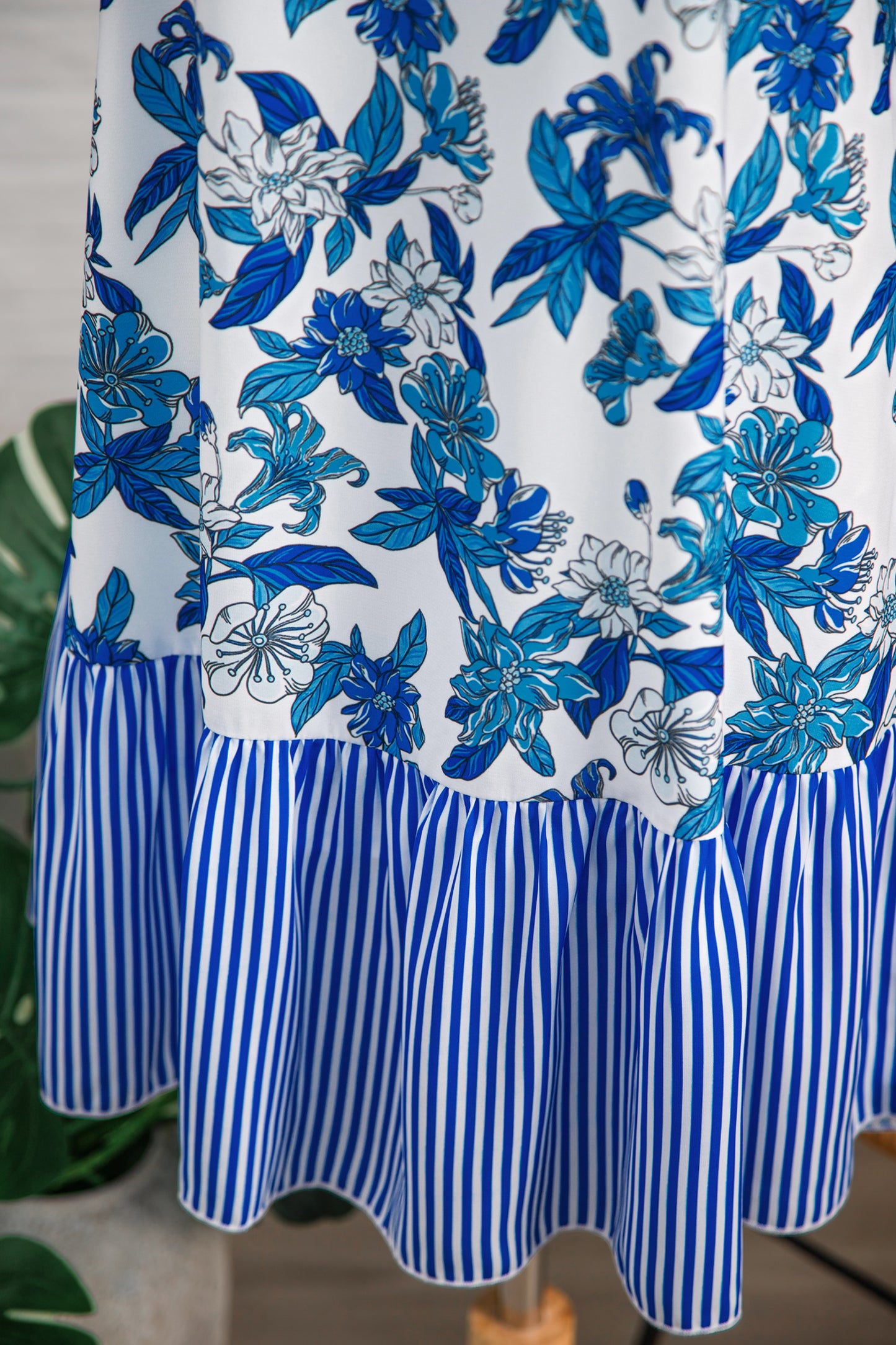 Blue Floral Sleeveless Drop Waist Striped Ruffle Hem Sun Dress Blue / L / 100%Polyester Blue Floral Sleeveless Drop Waist Striped Ruffle Hem Sun Dress Blue / L / 100%Polyester