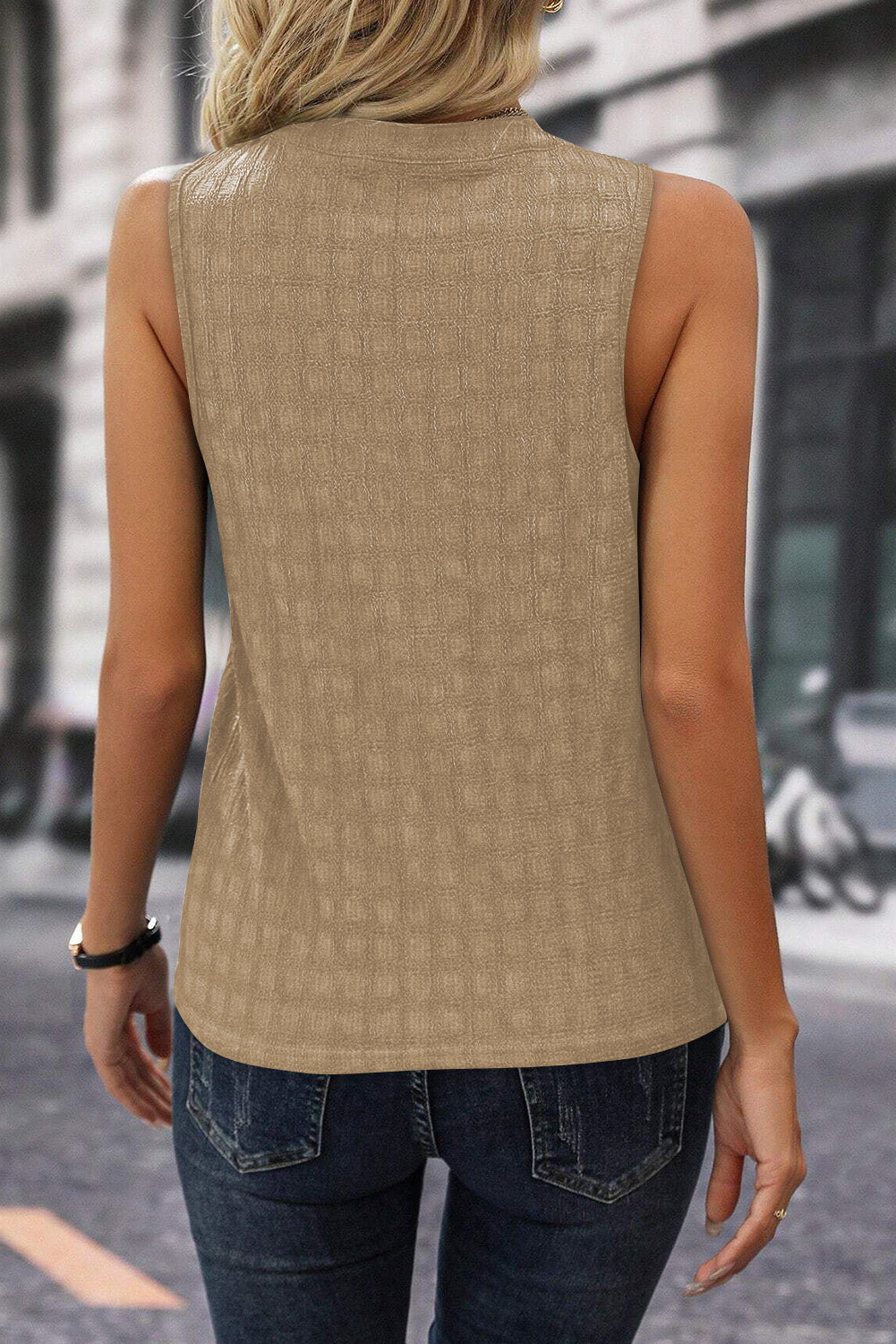 Black Lattice Textured Split Neck Tank Top-Tops/Tank Tops-[Adult]-[Female]-2022 Online Blue Zone Planet