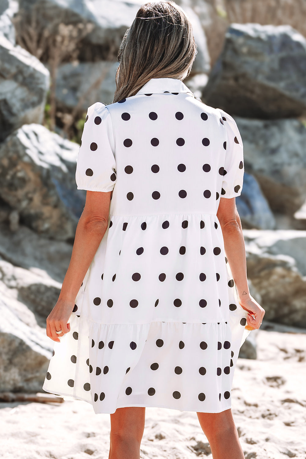White Polka Dot Print Short Sleeve Collar Buttoned Tiered Babydoll Dress-TOPS / DRESSES-[Adult]-[Female]-2022 Online Blue Zone Planet