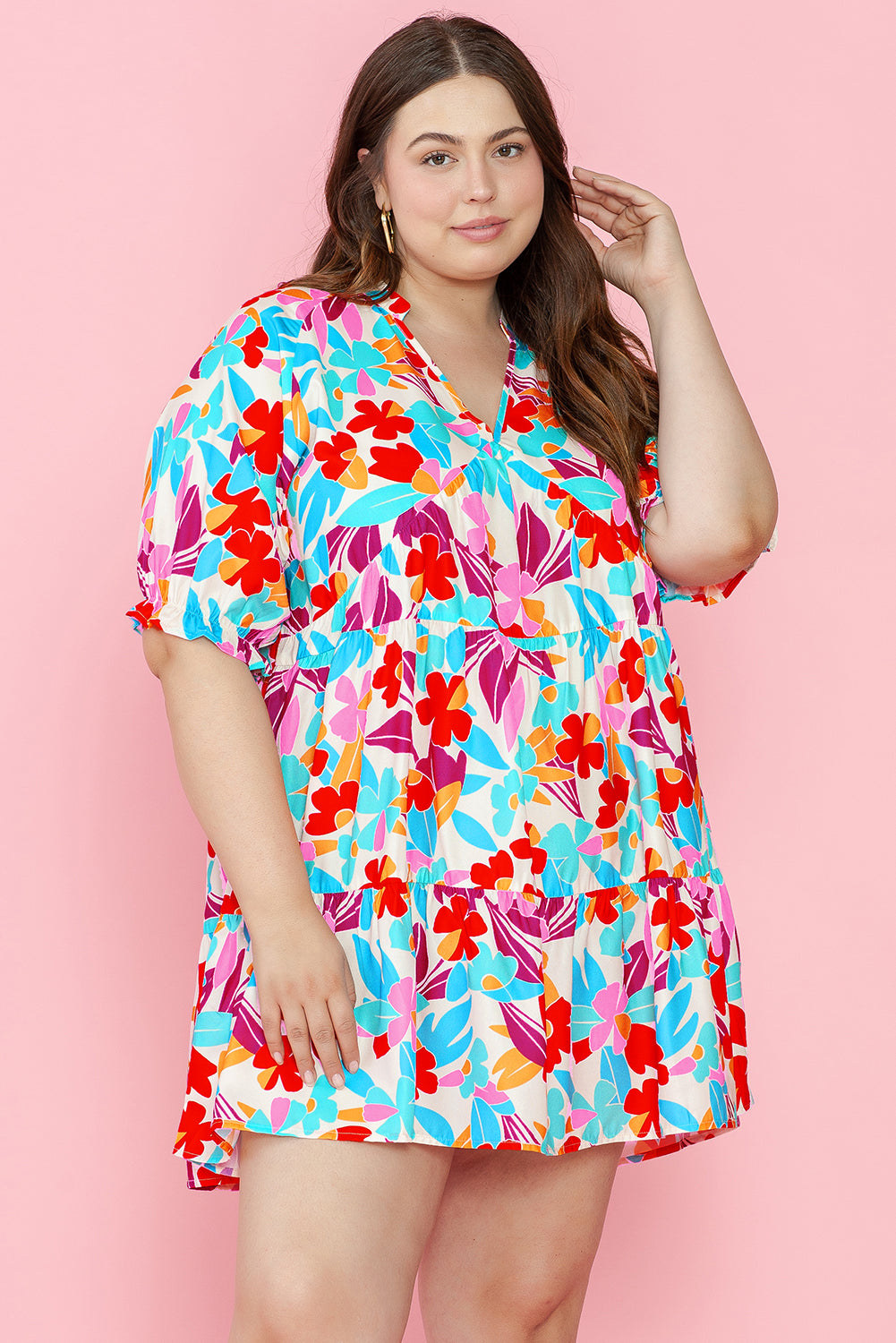 Blue Zone Planet | Multicolour Floral Tiered V Neck Plus Dress-TOPS / DRESSES-[Adult]-[Female]-2022 Online Blue Zone Planet