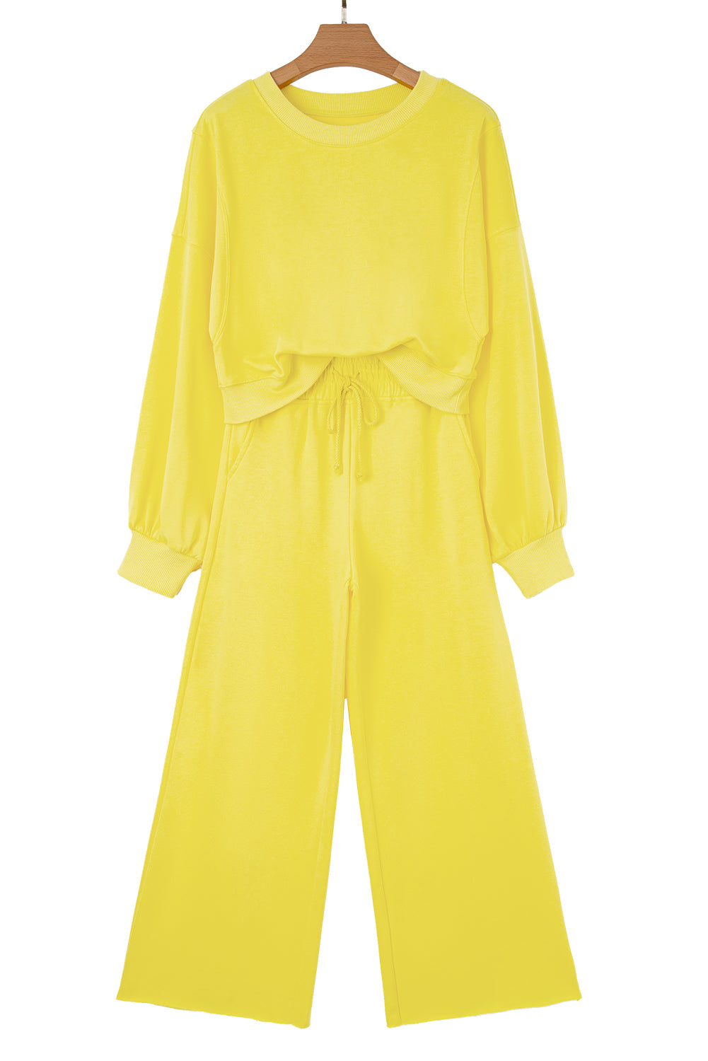 Yellow Cream Drop Shoulder Puff Sleeve Crop Pullover Drawstring Wide Leg Pants Set-Two Piece Sets/Pant Sets-[Adult]-[Female]-2022 Online Blue Zone Planet