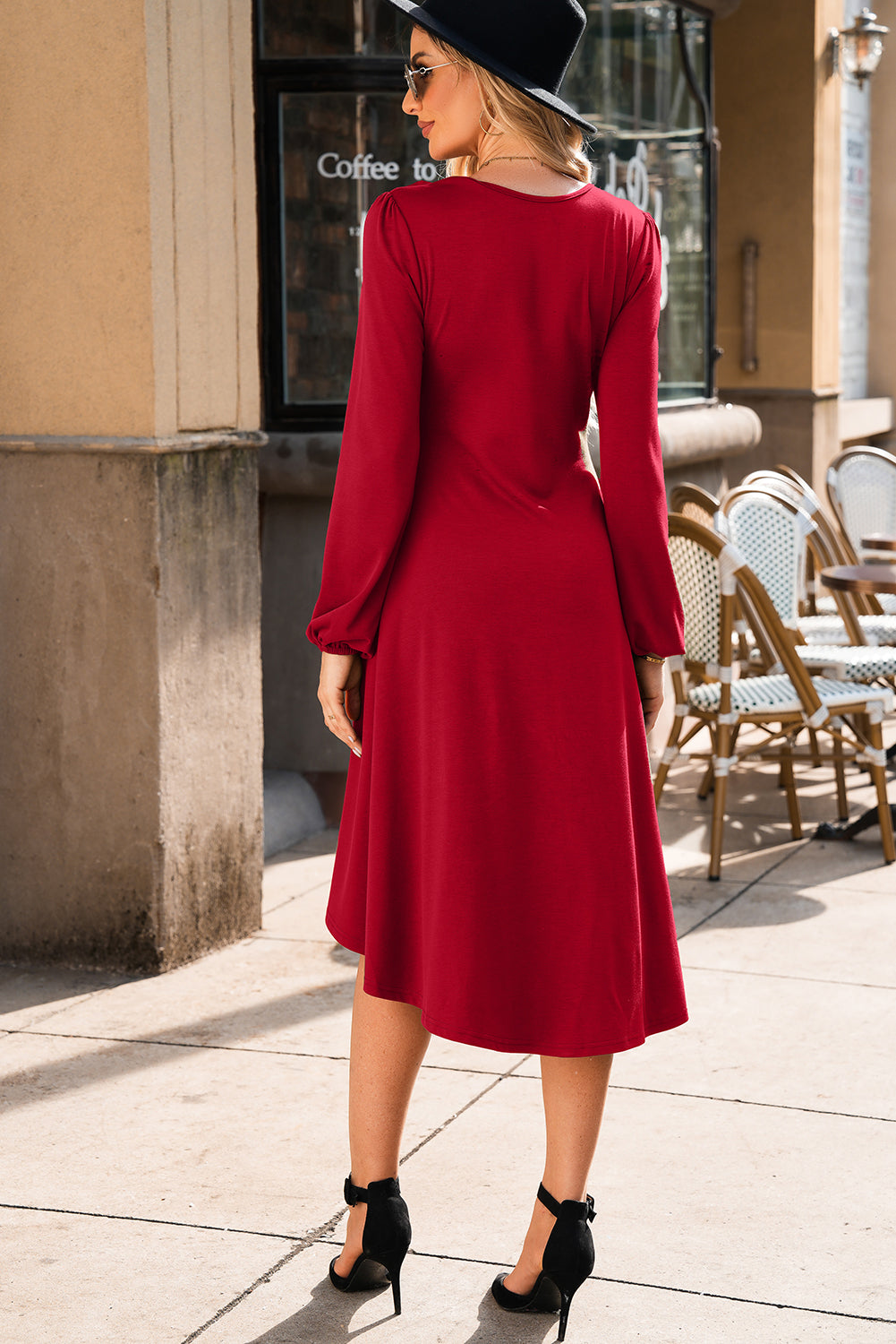 Fiery Red Solid Color Ruched Detail Long Sleeve Midi Dress-TOPS / DRESSES-[Adult]-[Female]-2022 Online Blue Zone Planet