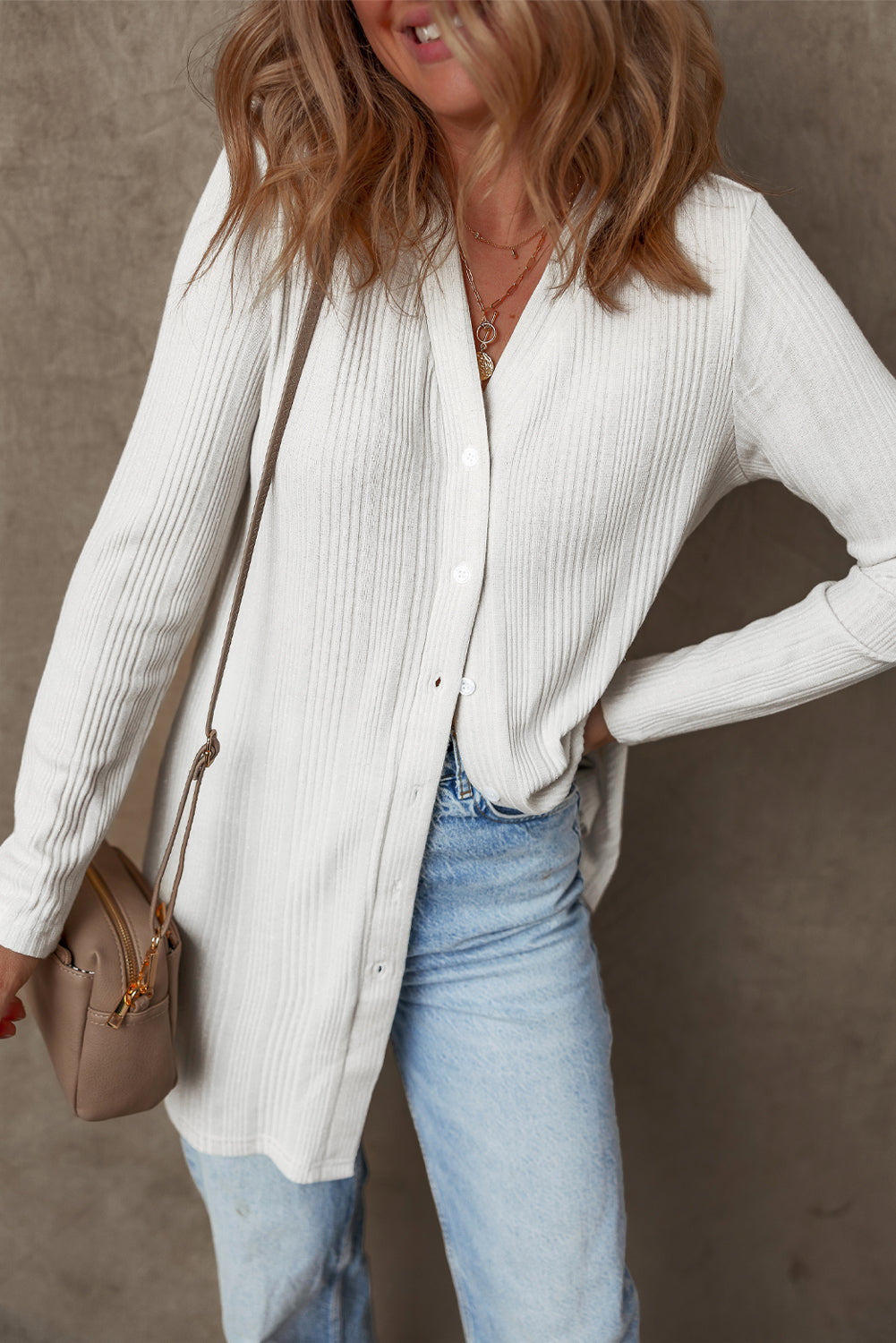 Blue Zone Planet | White Solid Color Ribbed Button up Tunic Cardigan-Sweaters & Cardigans/Cardigans-[Adult]-[Female]-2022 Online Blue Zone Planet