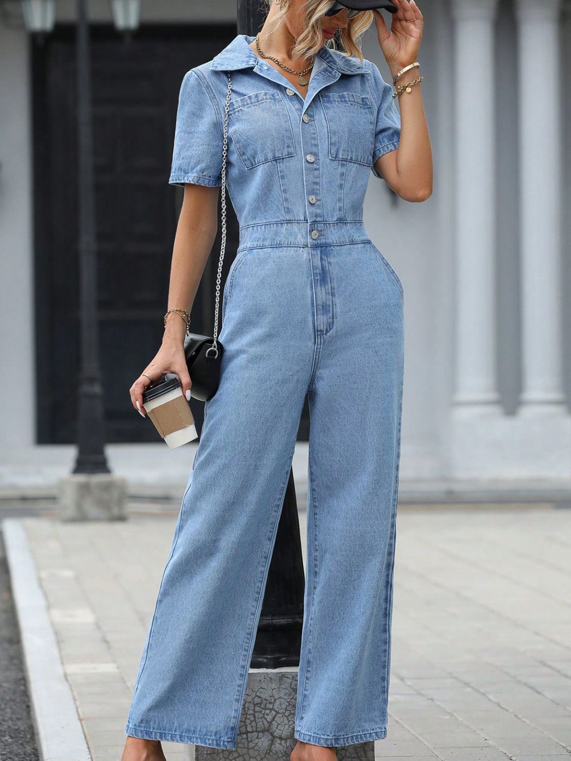 Short Sleeve Wide Leg Denim Jumpsuit-TOPS / DRESSES-[Adult]-[Female]-Light-XS-2022 Online Blue Zone Planet