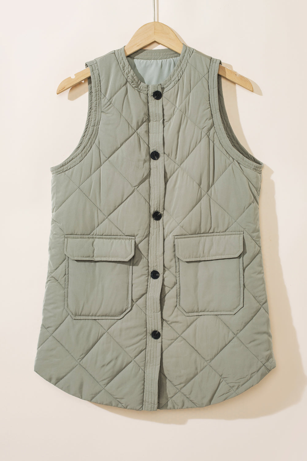 Grass Green Quilted Long Vest Jacket with Pockets-Outerwear/Jackets-[Adult]-[Female]-2022 Online Blue Zone Planet