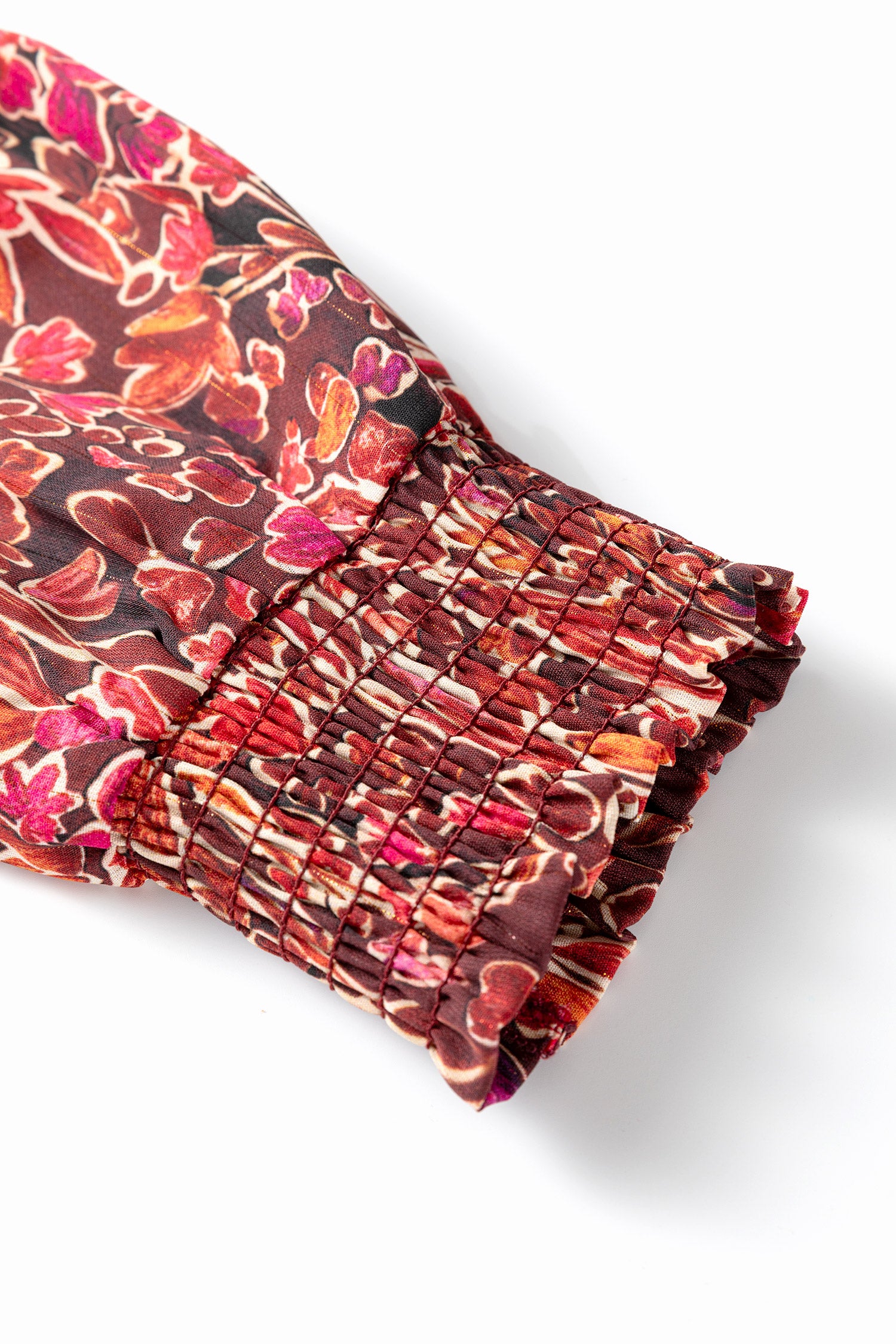 Red Floral Print Long Sleeve Shirred High Neck Loose Mini Dress-TOPS / DRESSES-[Adult]-[Female]-2022 Online Blue Zone Planet