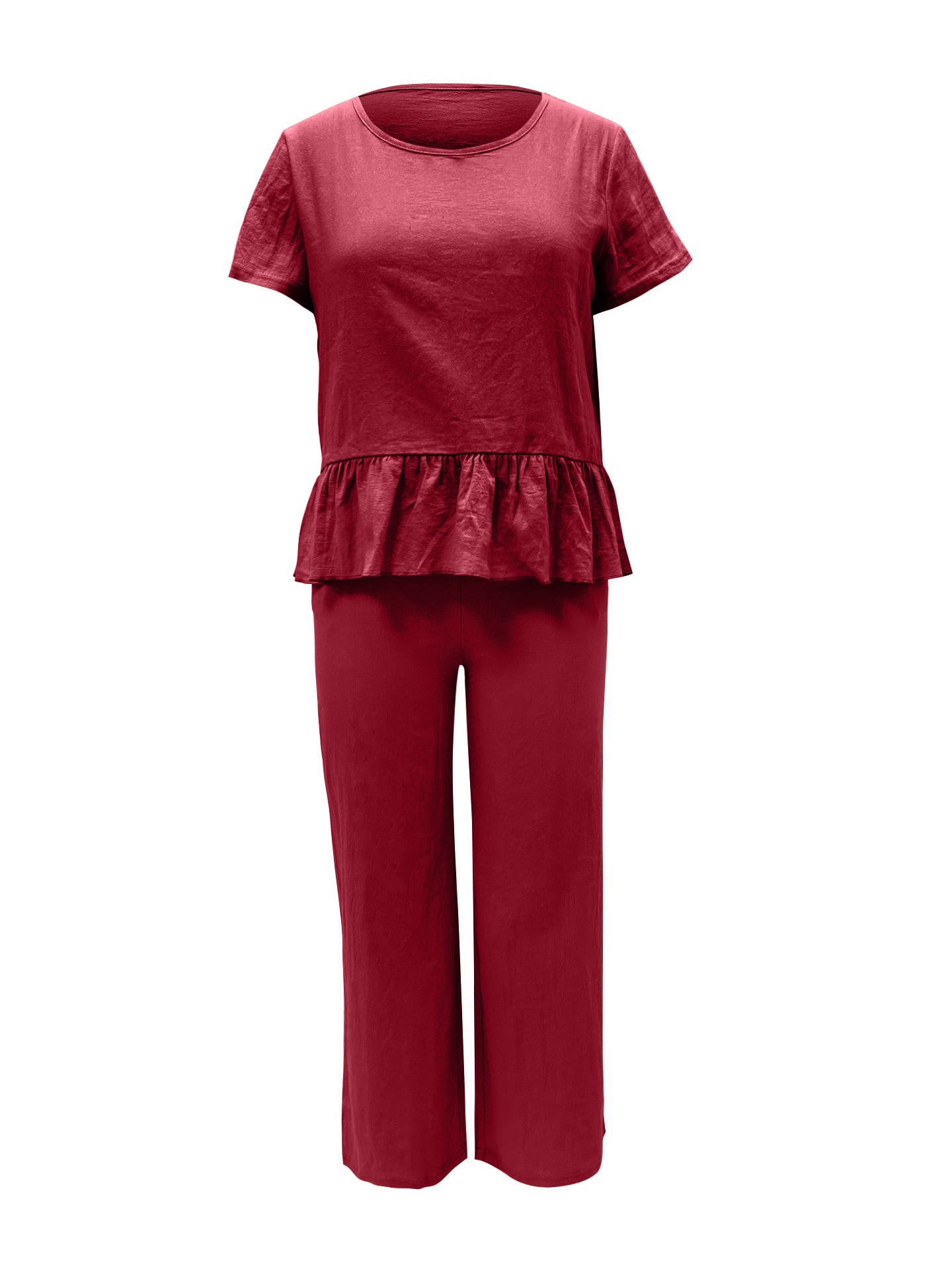 Blue Zone Planet | Peplum Round Neck Short Sleeve Top and Pants Set-TOPS / DRESSES-[Adult]-[Female]-2022 Online Blue Zone Planet