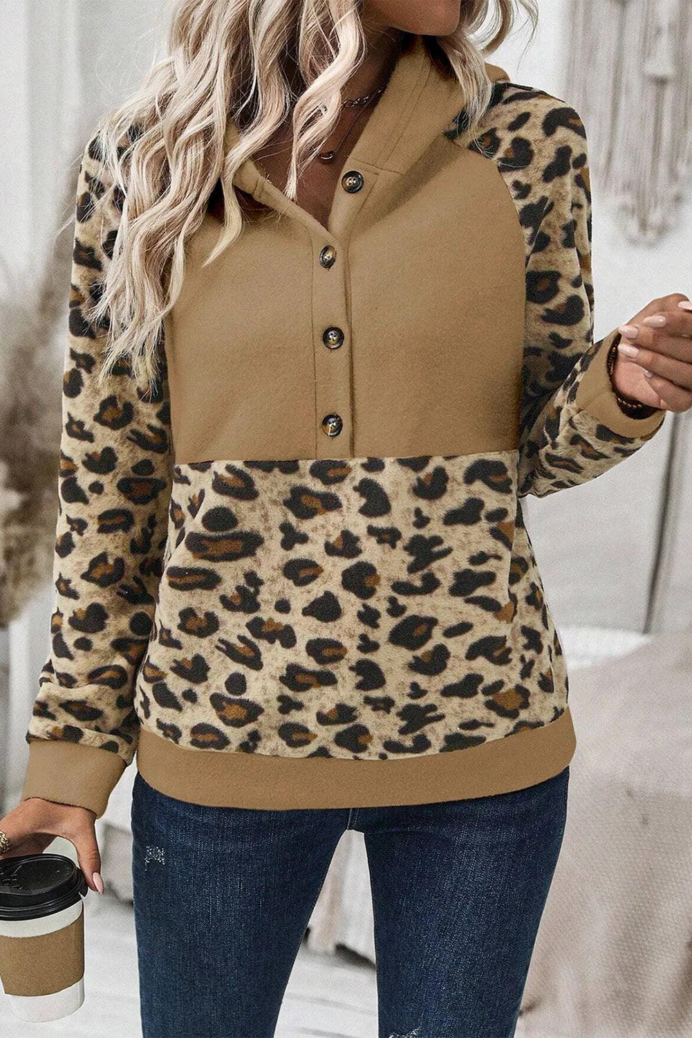 Leopard Half Button Long Sleeve Hoodie-TOPS / DRESSES-[Adult]-[Female]-Camel-S-2022 Online Blue Zone Planet