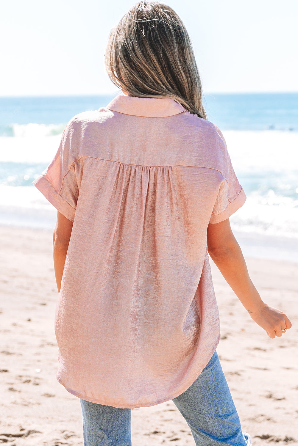 Delicacy Metallic Buttoned Loose Fit Short Sleeve Shirt-Tops/Blouses & Shirts-[Adult]-[Female]-2022 Online Blue Zone Planet