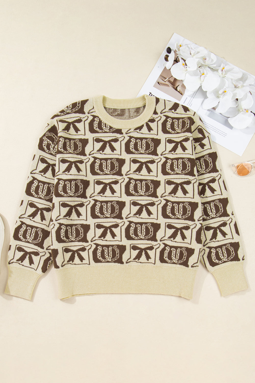 Brown Bow Horseshoe Print Checkered Plus Size Sweater-TOPS / DRESSES-[Adult]-[Female]-2022 Online Blue Zone Planet