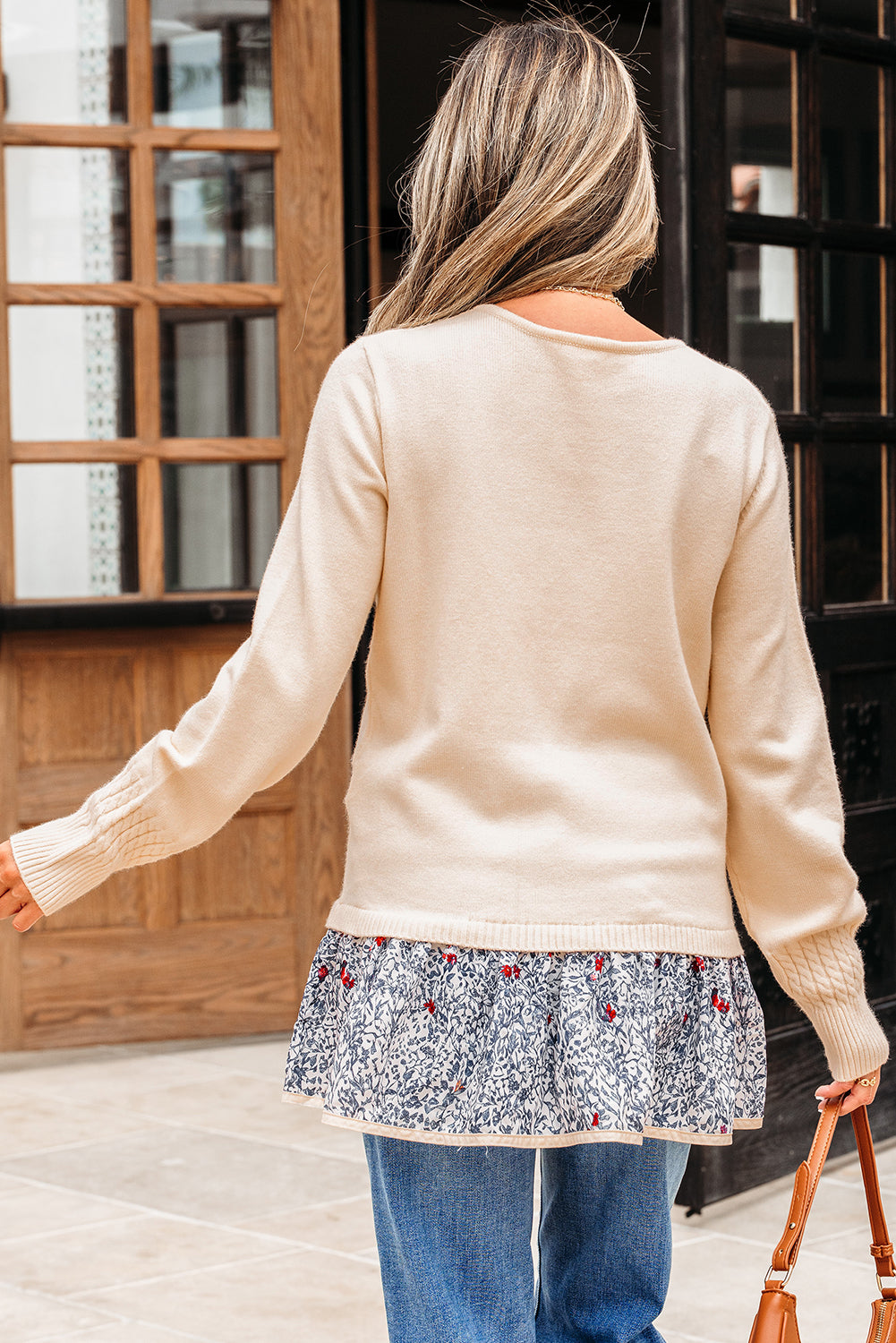 Beige Cable Texture Bohemian Ruffle Hem Patchwork Sweater-TOPS / DRESSES-[Adult]-[Female]-2022 Online Blue Zone Planet