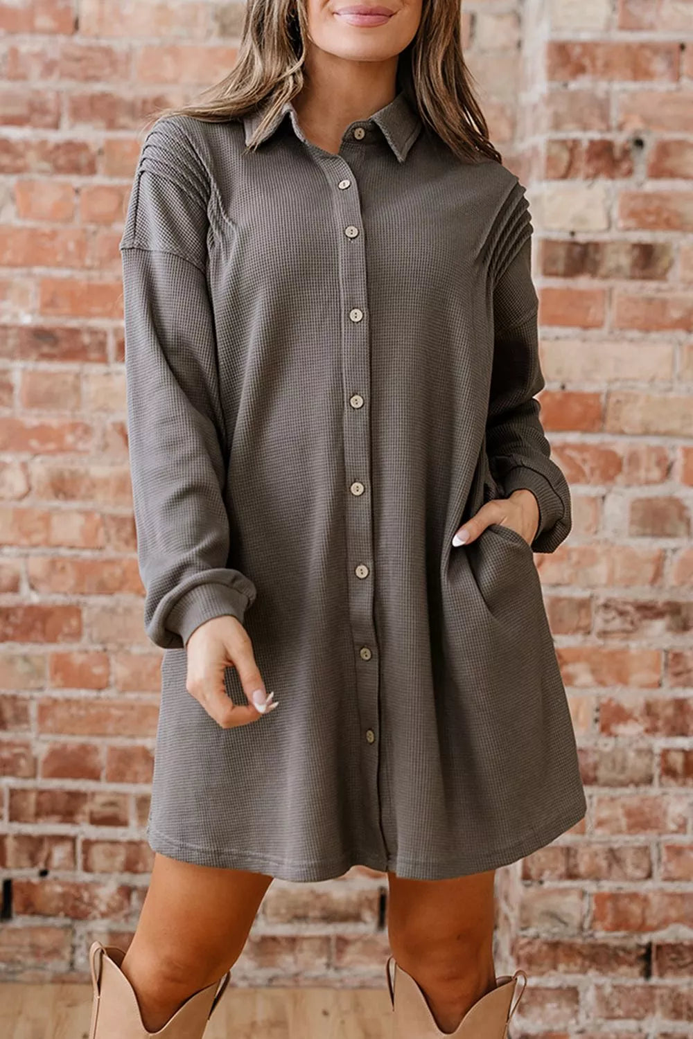 Waffle Knit Shirt Tunic Dress Coffee Brown / S by Blue Zone Planet