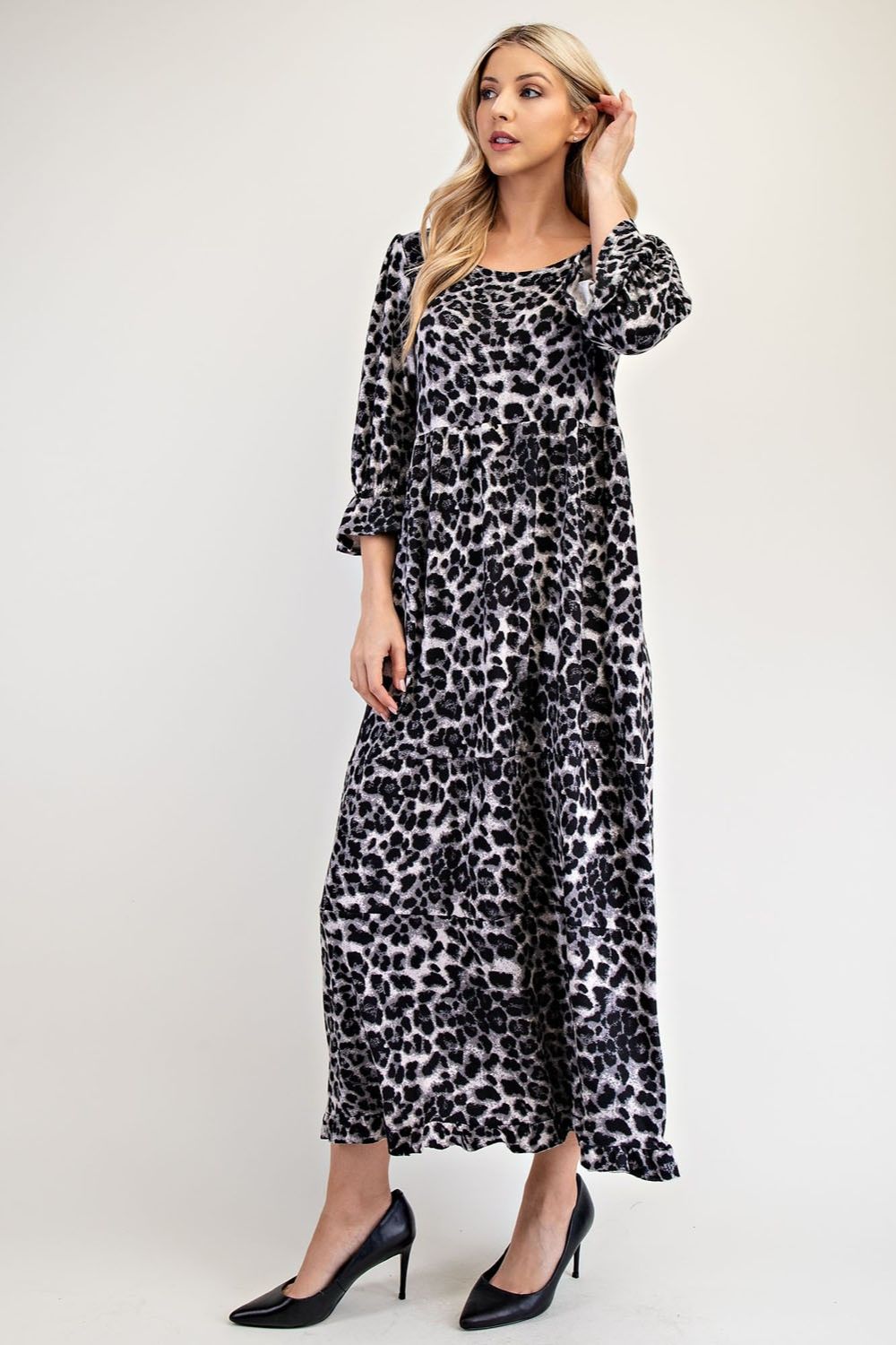 Blue Zone Planet | Celeste Full Size Leopard Round Neck Flounce Sleeve Dress-TOPS / DRESSES-[Adult]-[Female]-2022 Online Blue Zone Planet